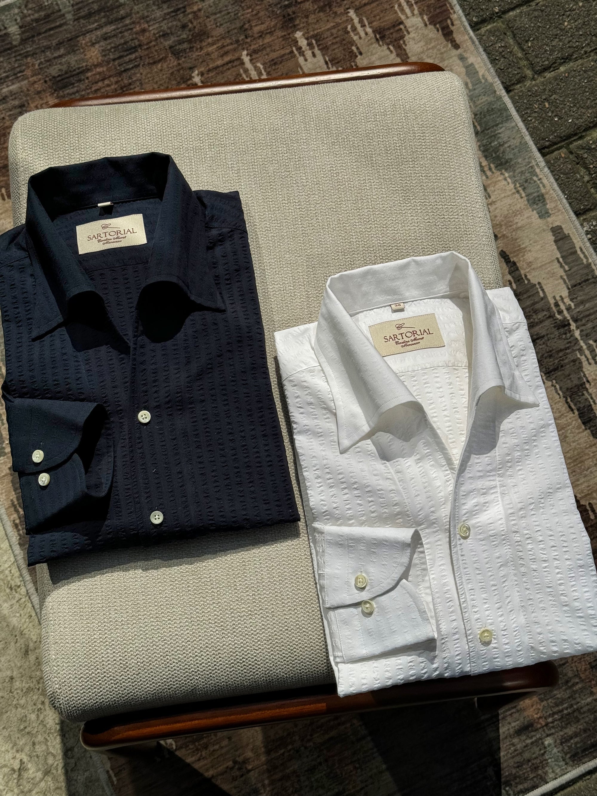 MTO White / Navy Blending One Piece Collar Seersucker Shirt