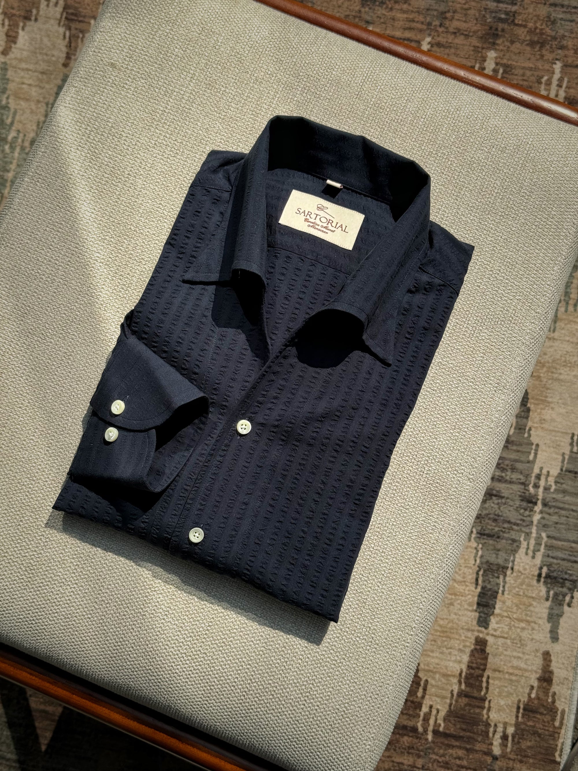MTO White / Navy Blending One Piece Collar Seersucker Shirt