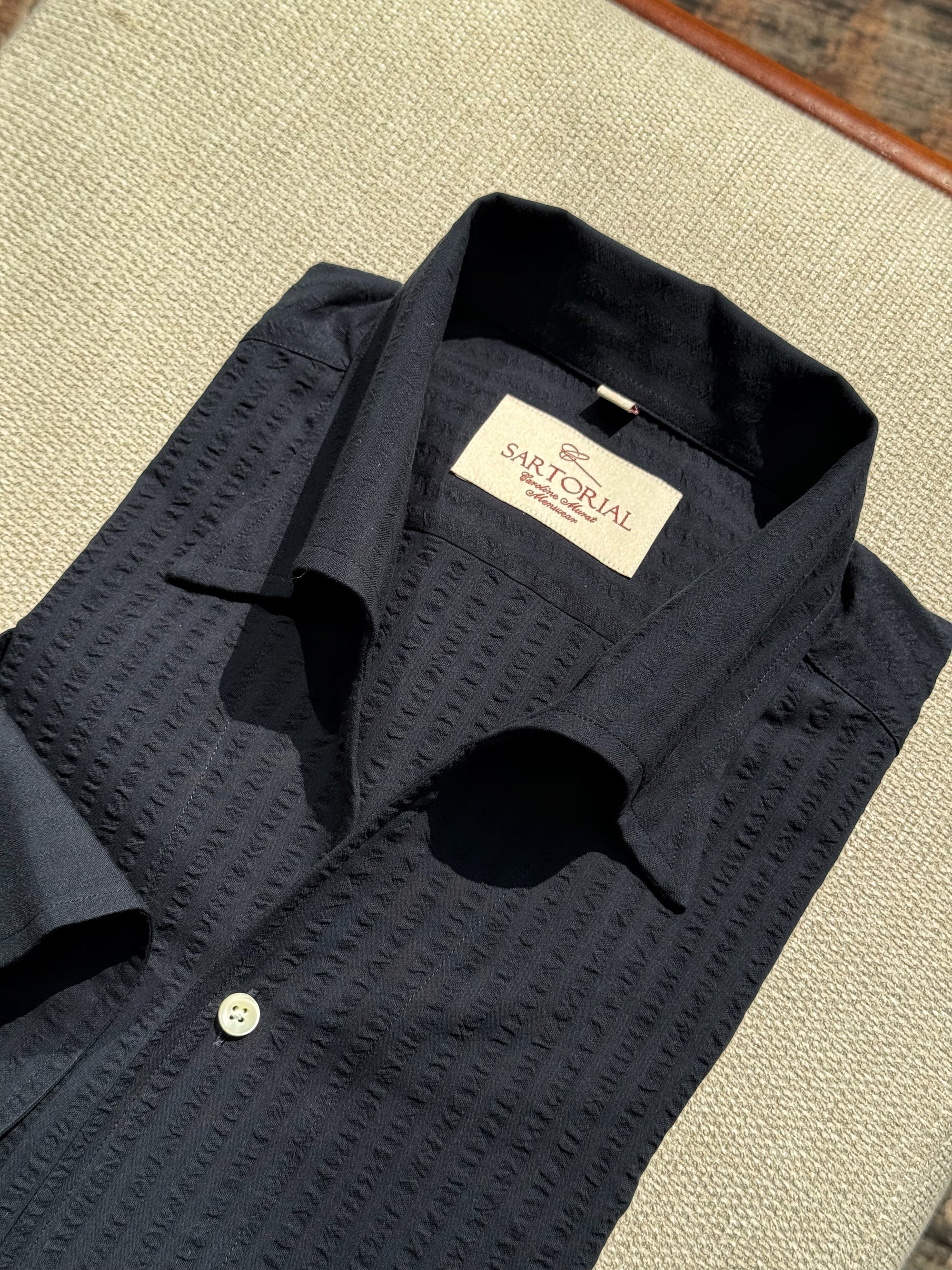 MTO White / Navy Blending One Piece Collar Seersucker Shirt
