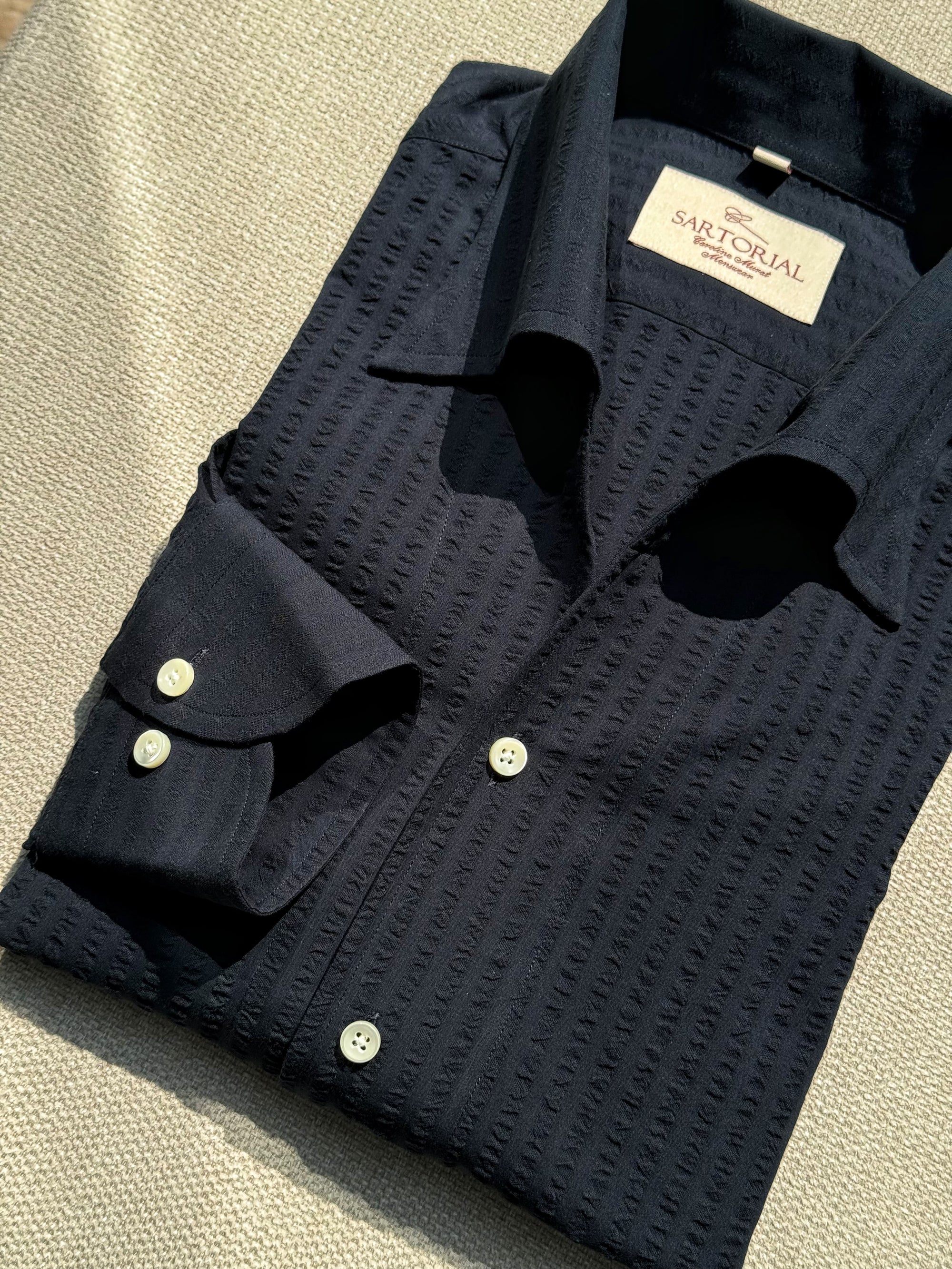 MTO White / Navy Blending One Piece Collar Seersucker Shirt