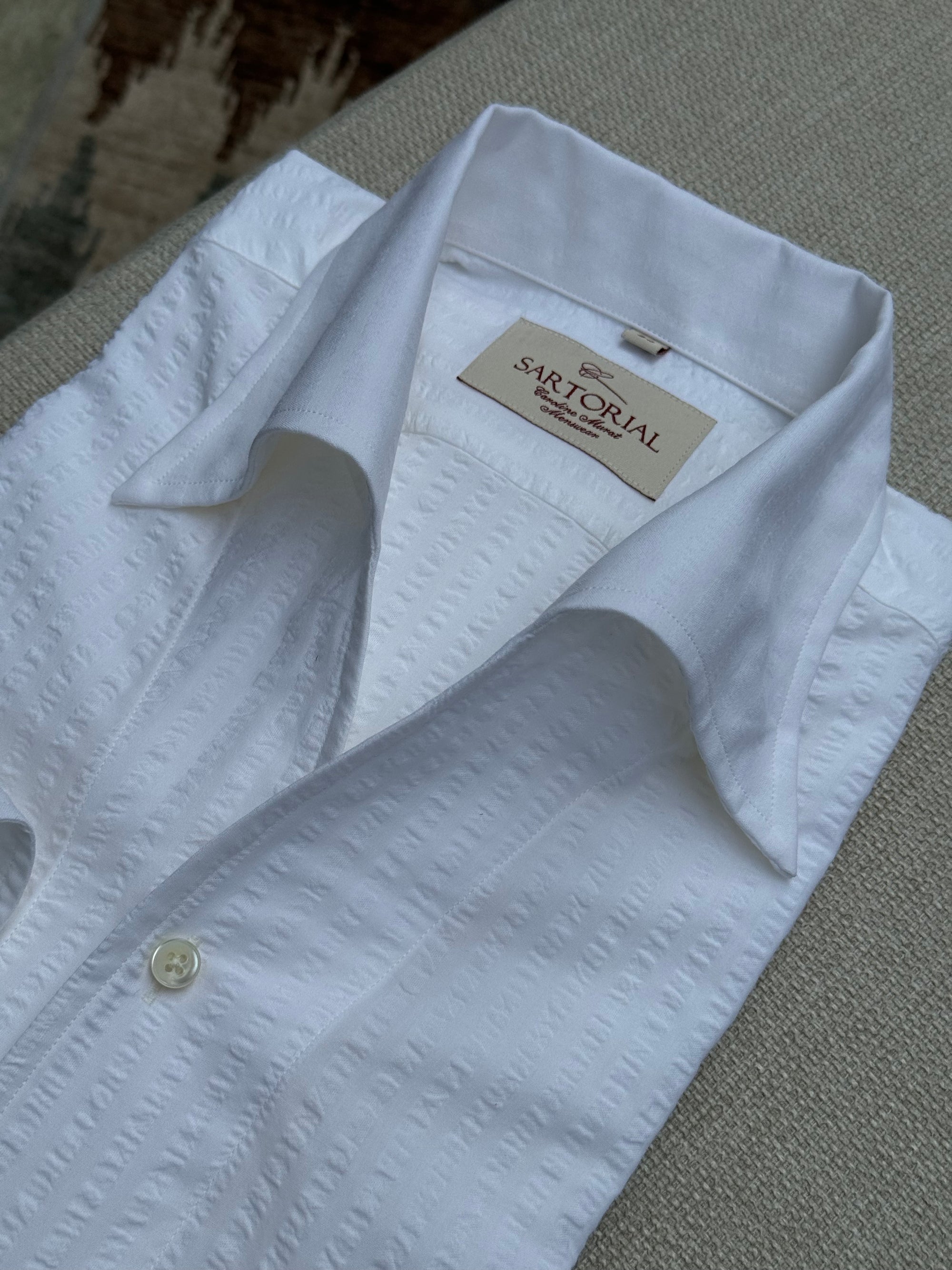 MTO White / Navy Blending One Piece Collar Seersucker Shirt