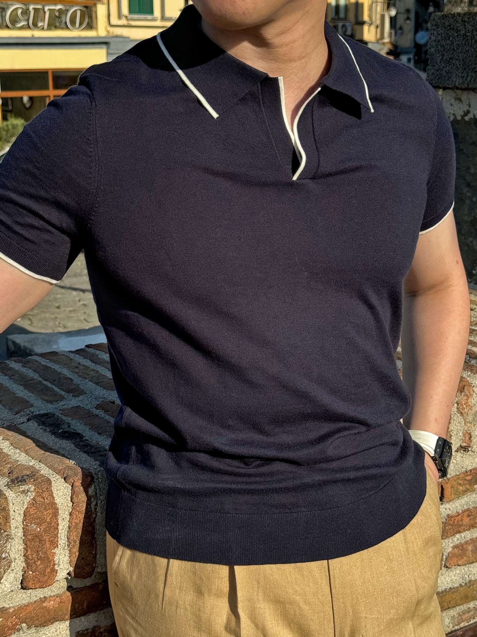 Emerald / Navy / White Cotton Cashmere Knitted Polo
