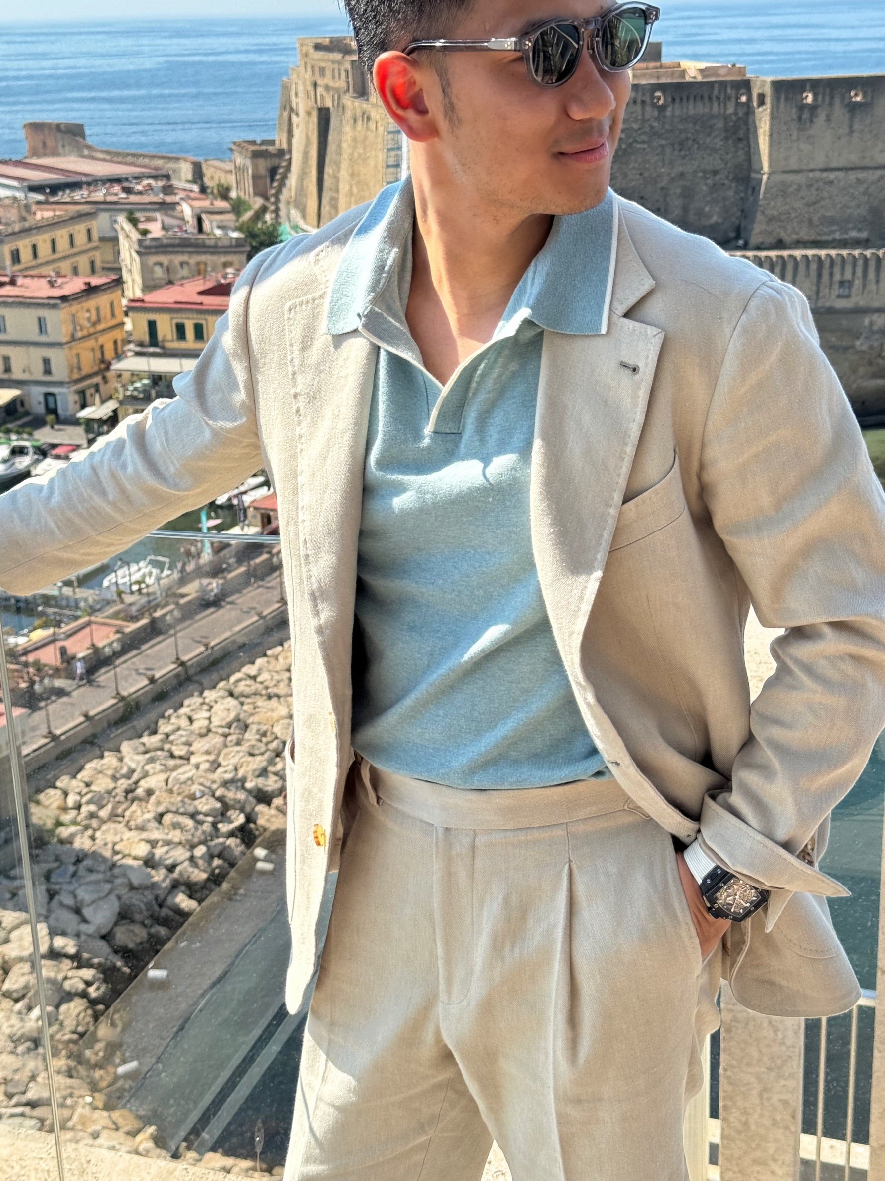 Emerald / Navy / White Cotton Cashmere Knitted Polo