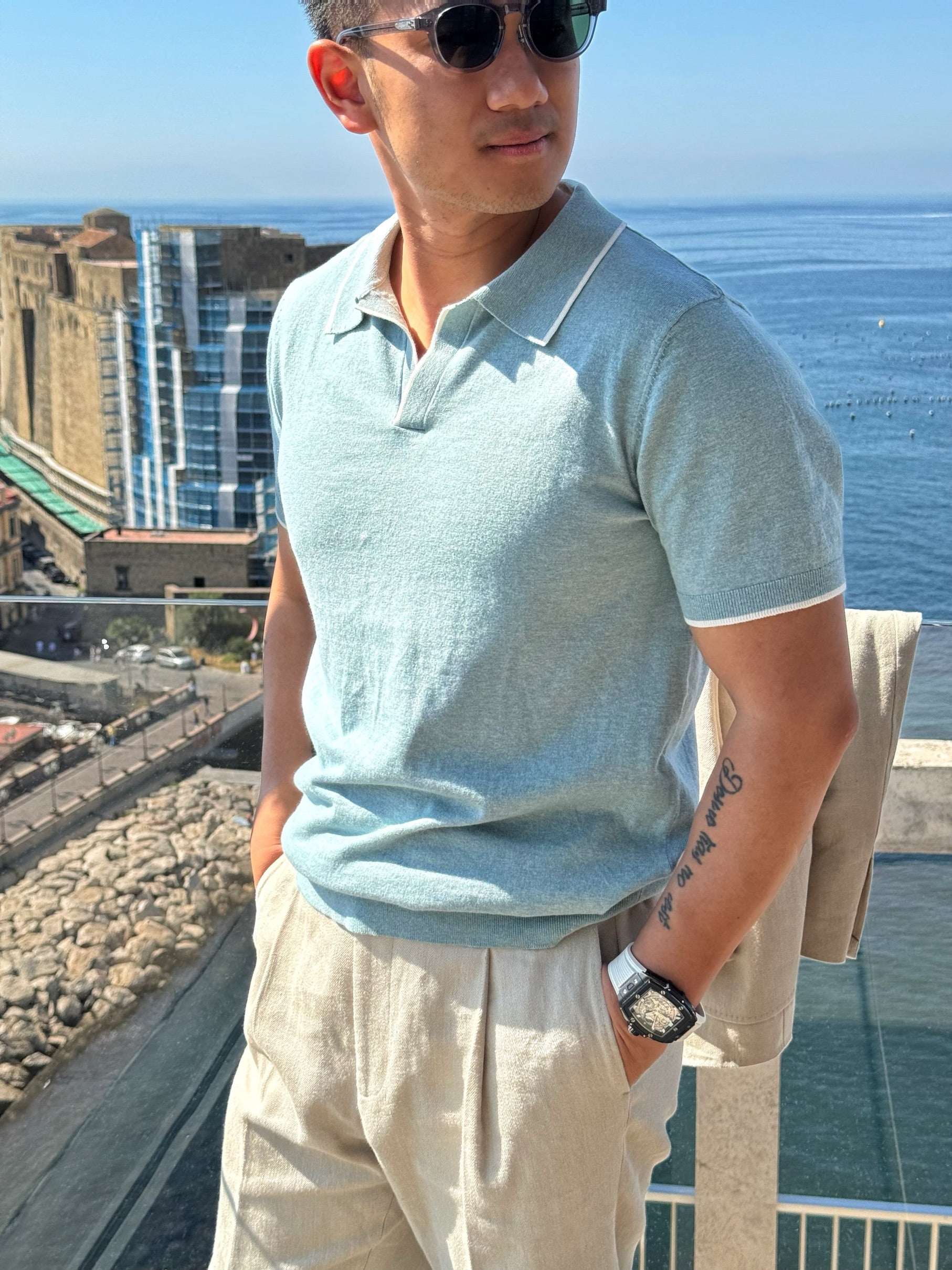 Emerald / Navy / White Cotton Cashmere Knitted Polo
