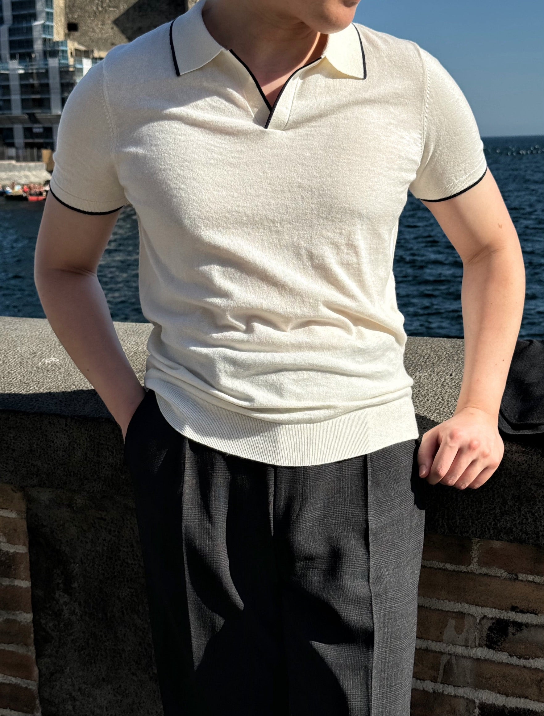 Emerald / Navy / White Cotton Cashmere Knitted Polo