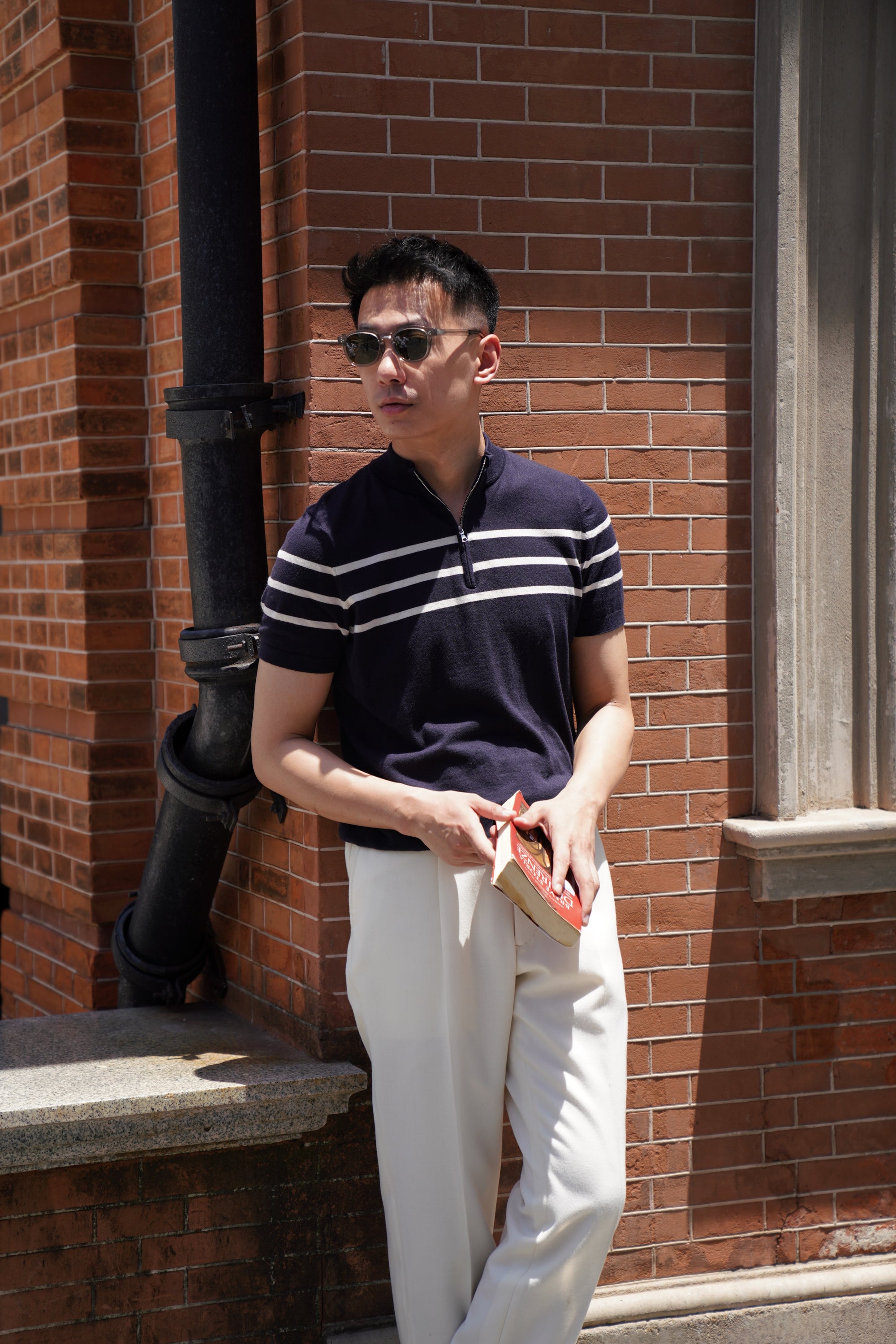 Mocha / Navy Cotton Blending Knitted Short Sleeve Mock Neck
