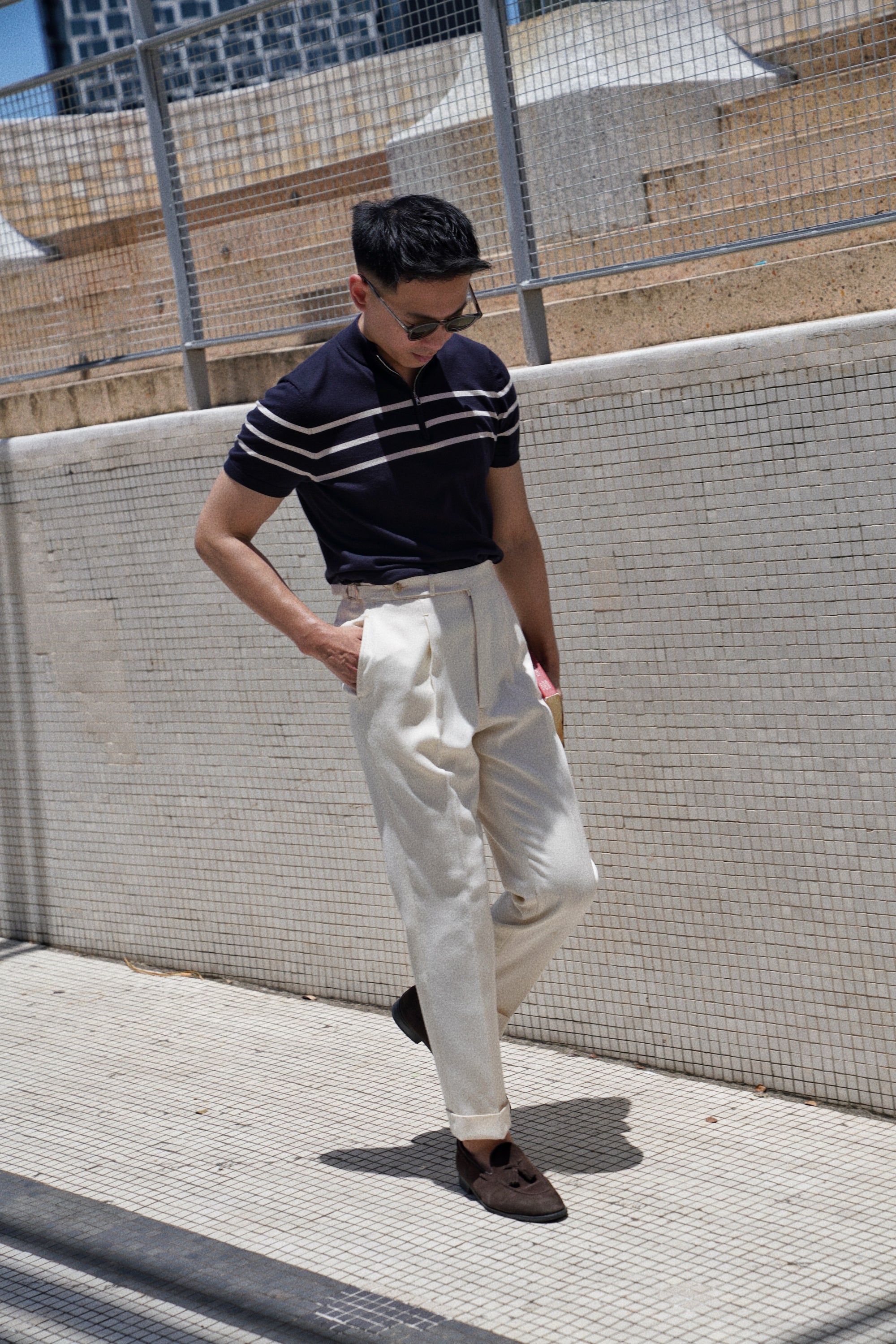 Mocha / Navy Cotton Blending Knitted Short Sleeve Mock Neck