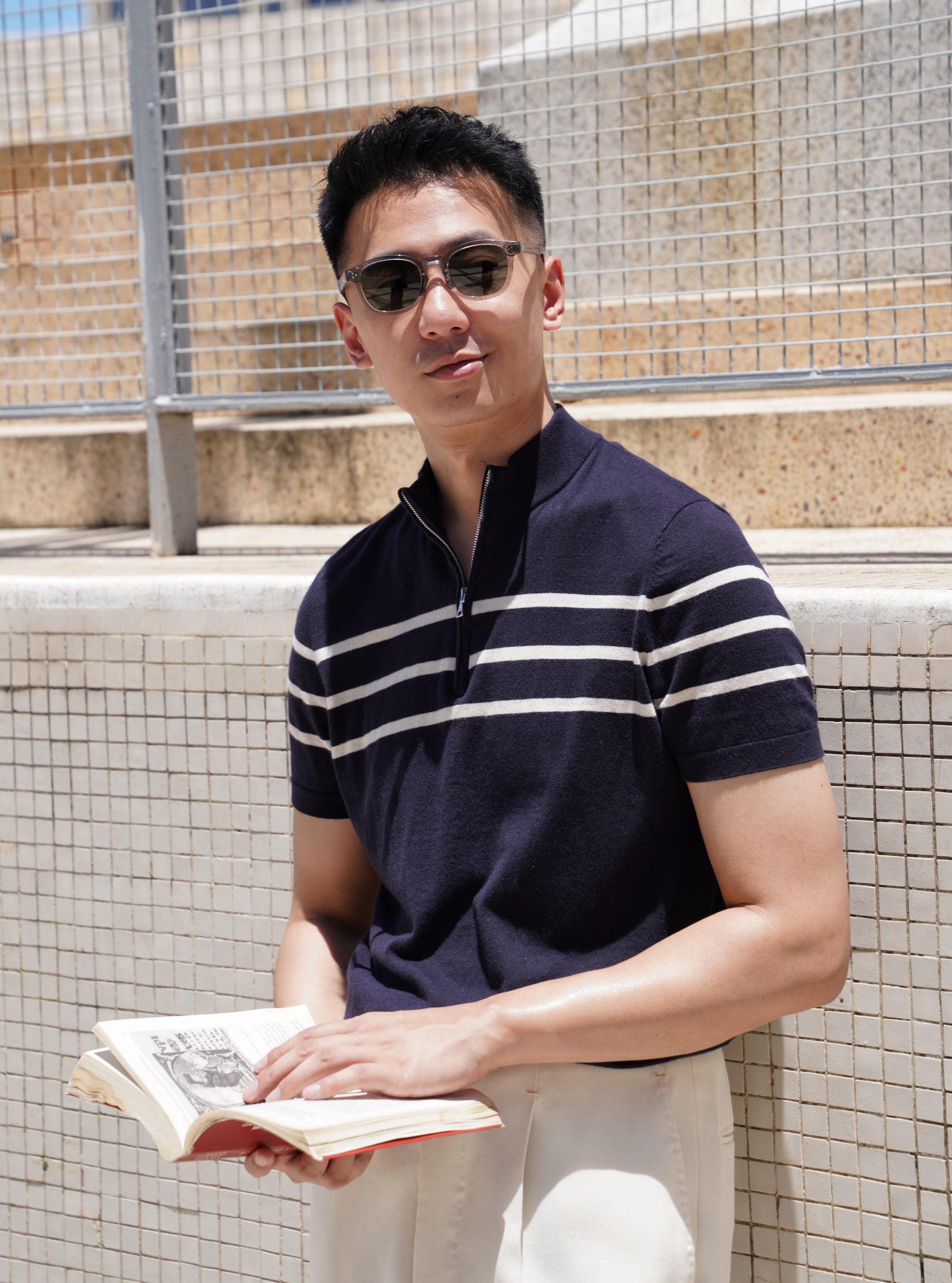 Mocha / Navy Cotton Blending Knitted Short Sleeve Mock Neck