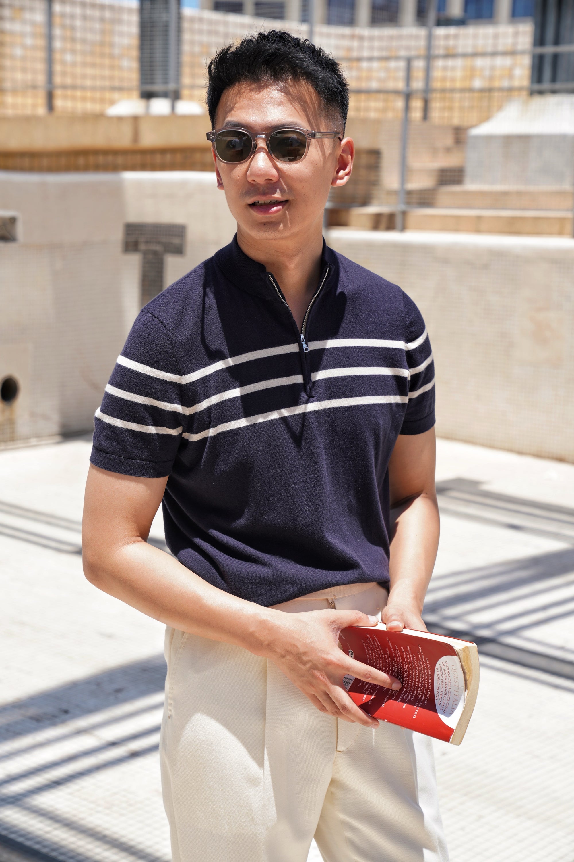 Mocha / Navy Cotton Blending Knitted Short Sleeve Mock Neck