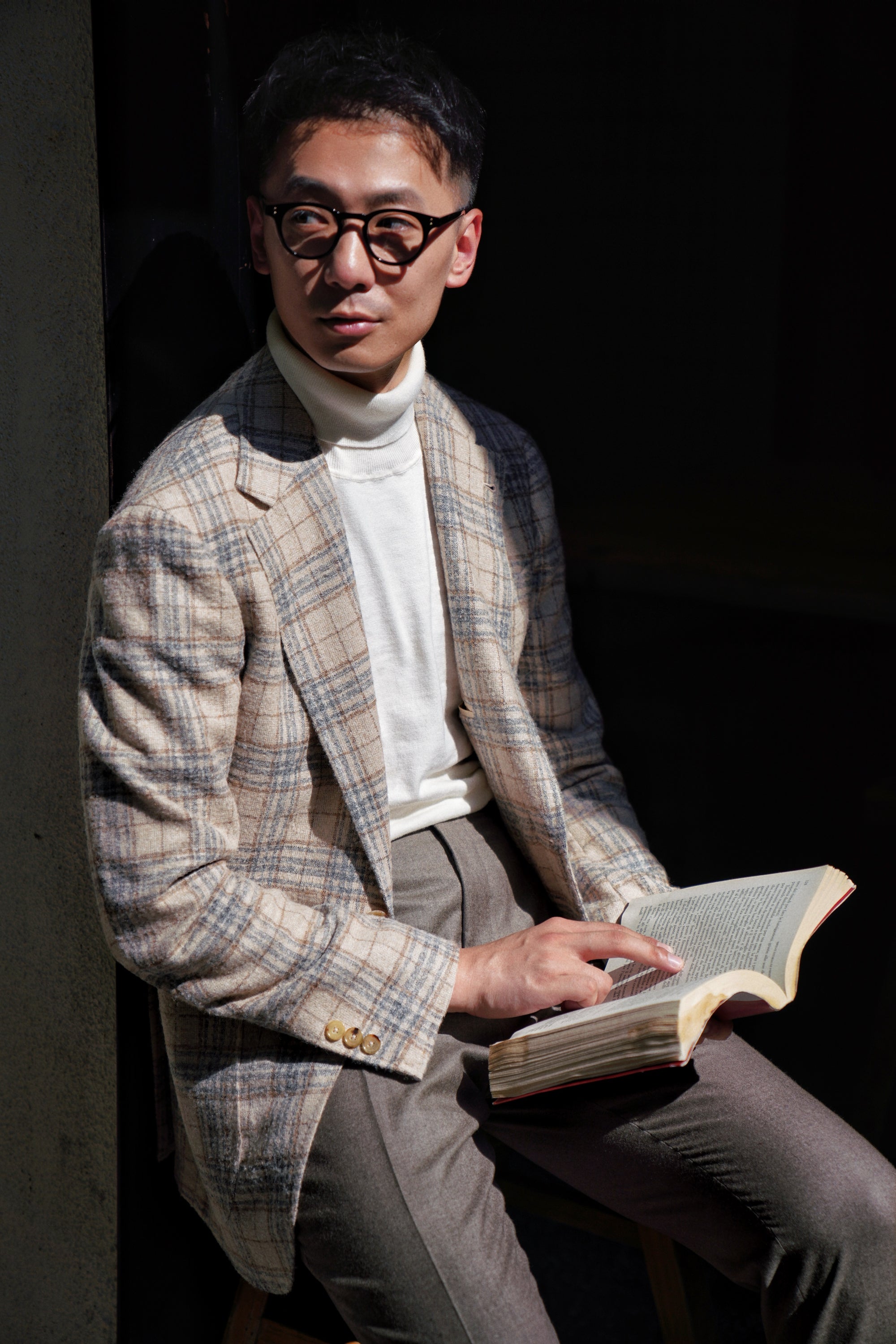 Cream Plaid Camel Hair Wool Jacket