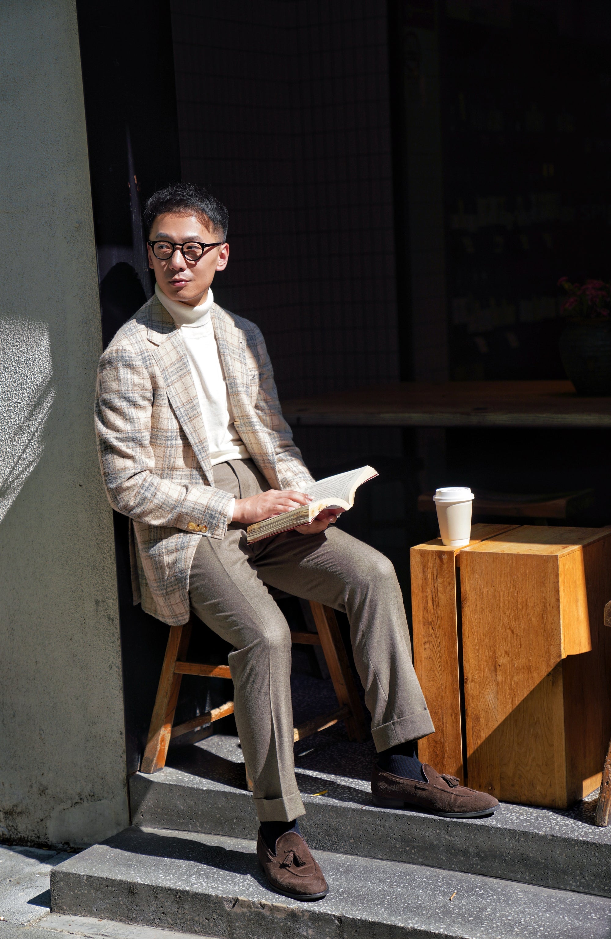 Cream Plaid Camel Hair Wool Jacket