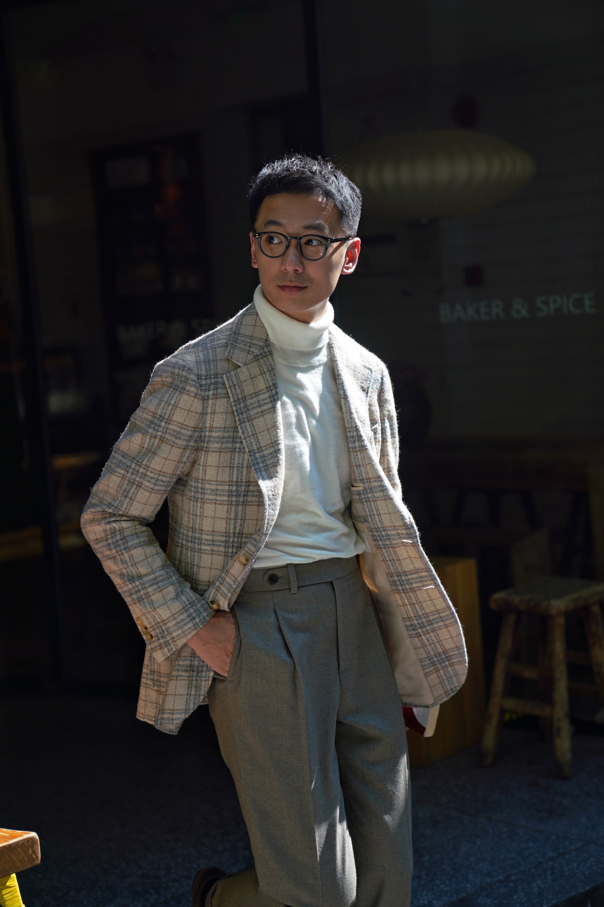 Cream Plaid Camel Hair Wool Jacket