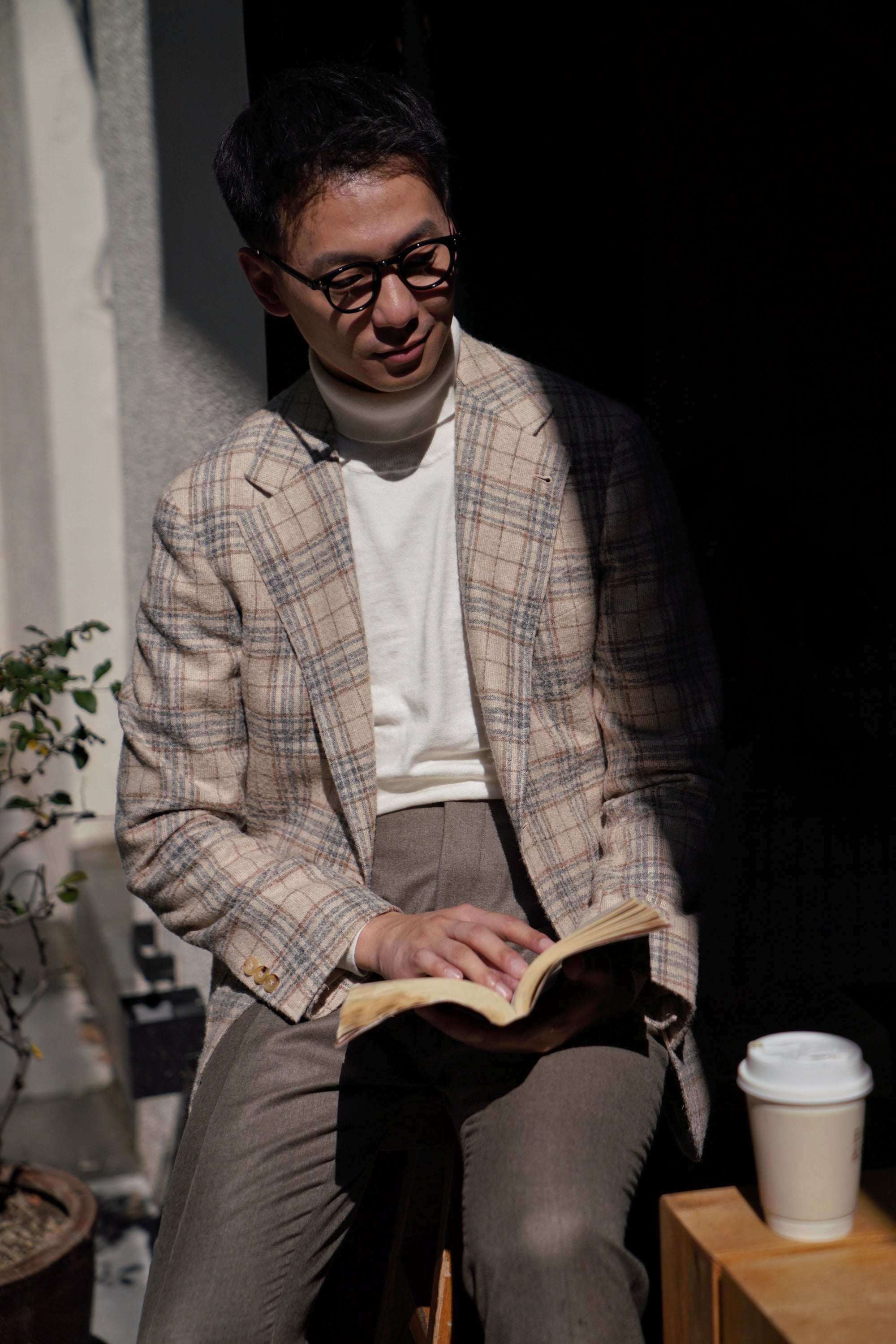 Cream Plaid Camel Hair Wool Jacket