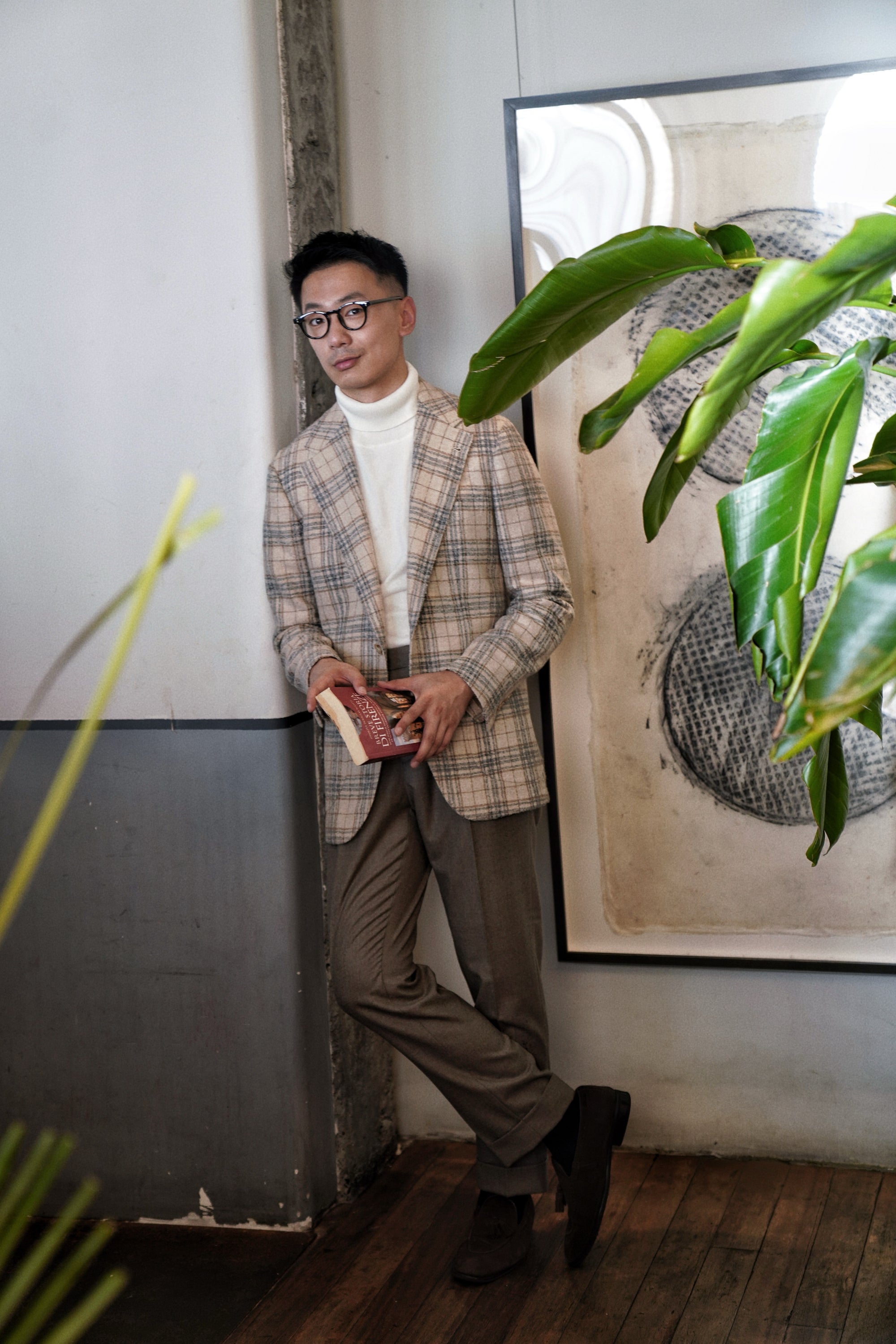 Cream Plaid Camel Hair Wool Jacket