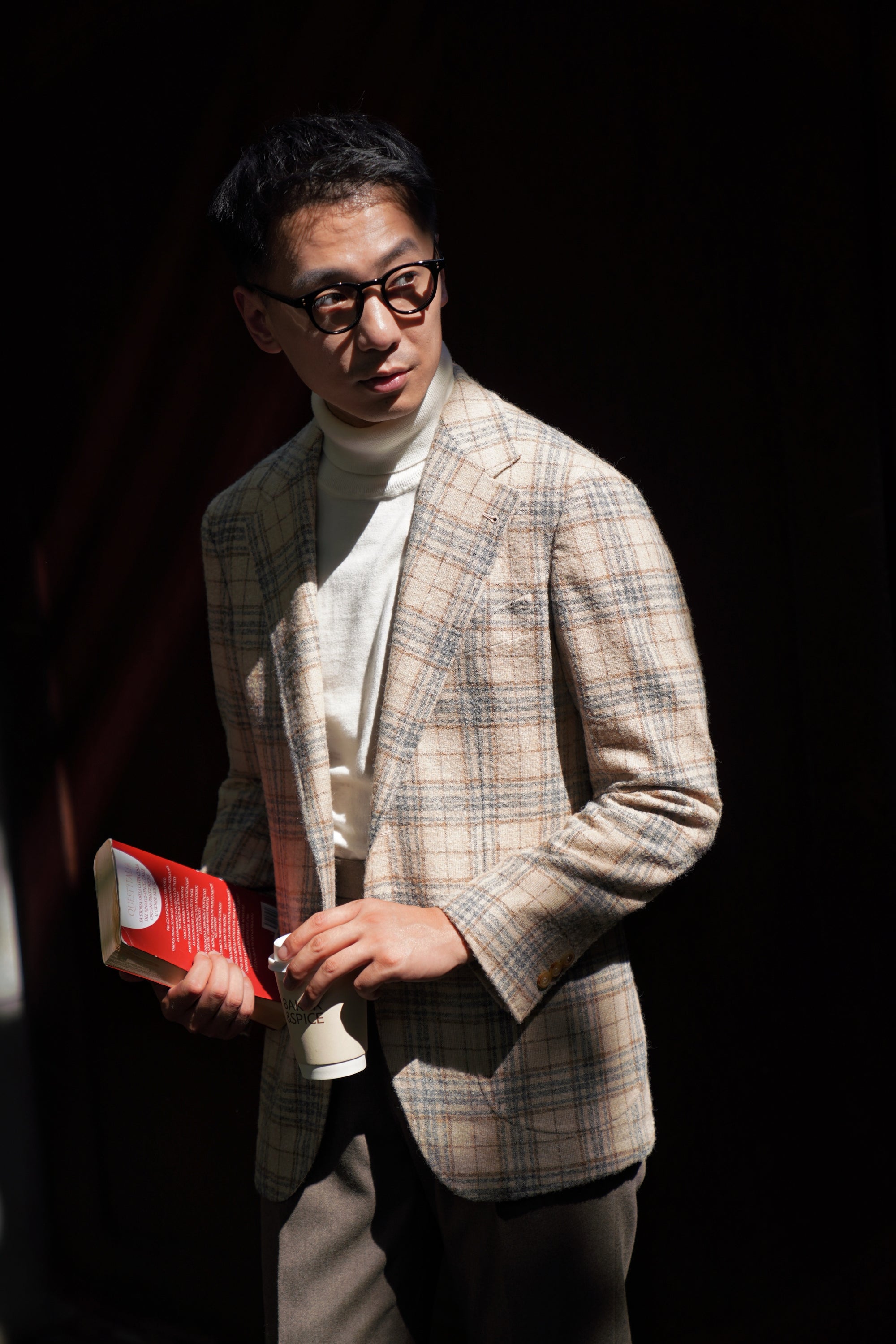 Cream Plaid Camel Hair Wool Jacket