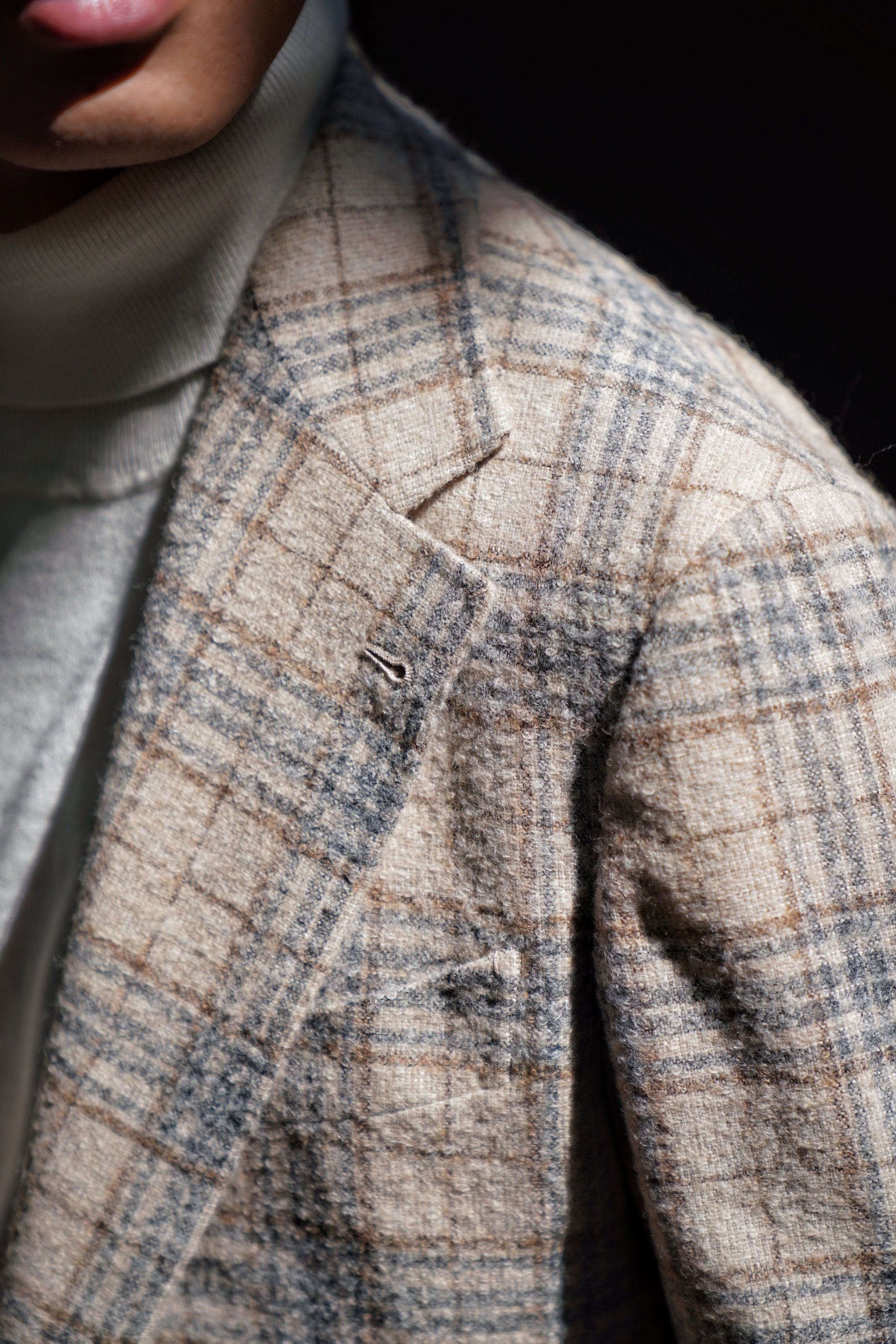 Cream Plaid Camel Hair Wool Jacket