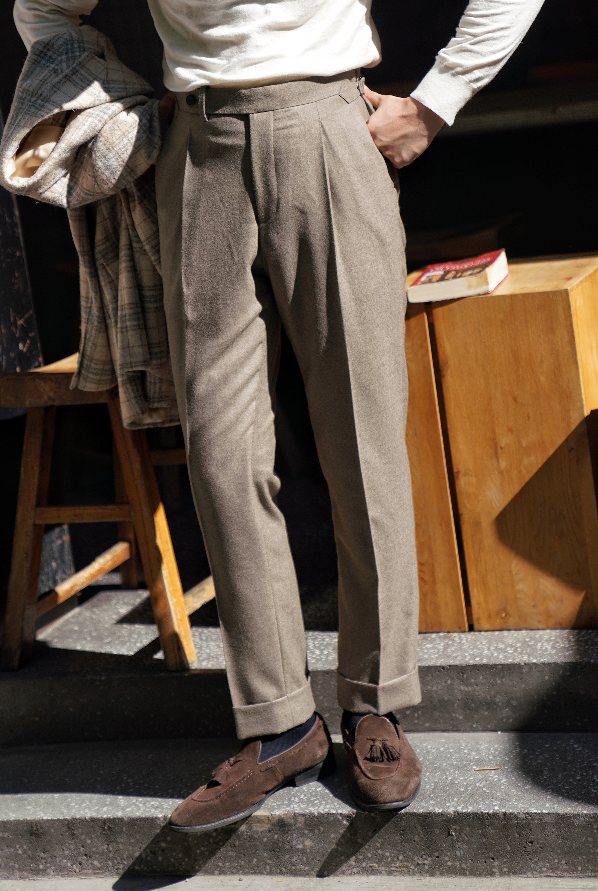 Taupe Worsted Flannel Trousers