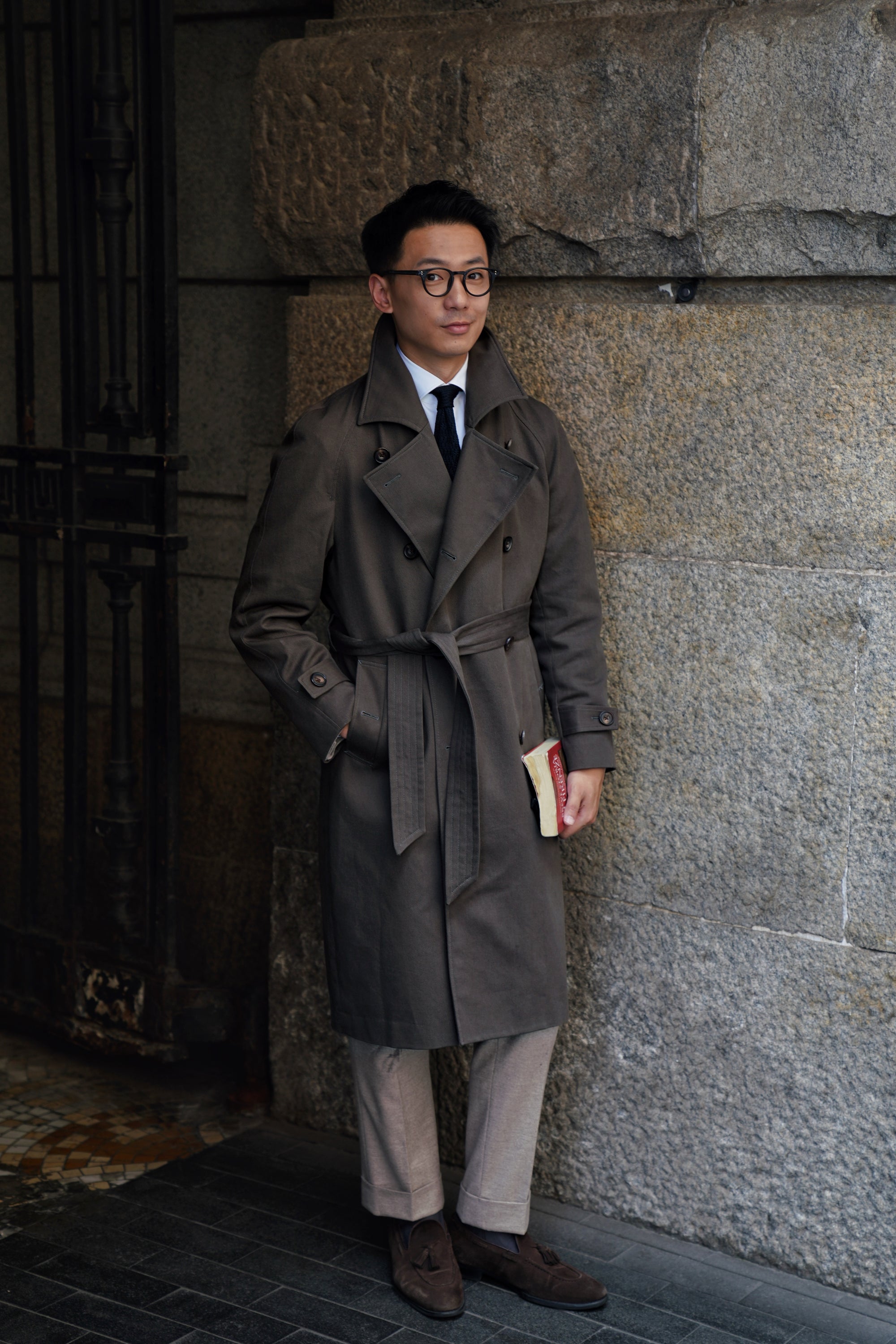 Olive Cotton Whipcord Balmacaan Raincoat #236