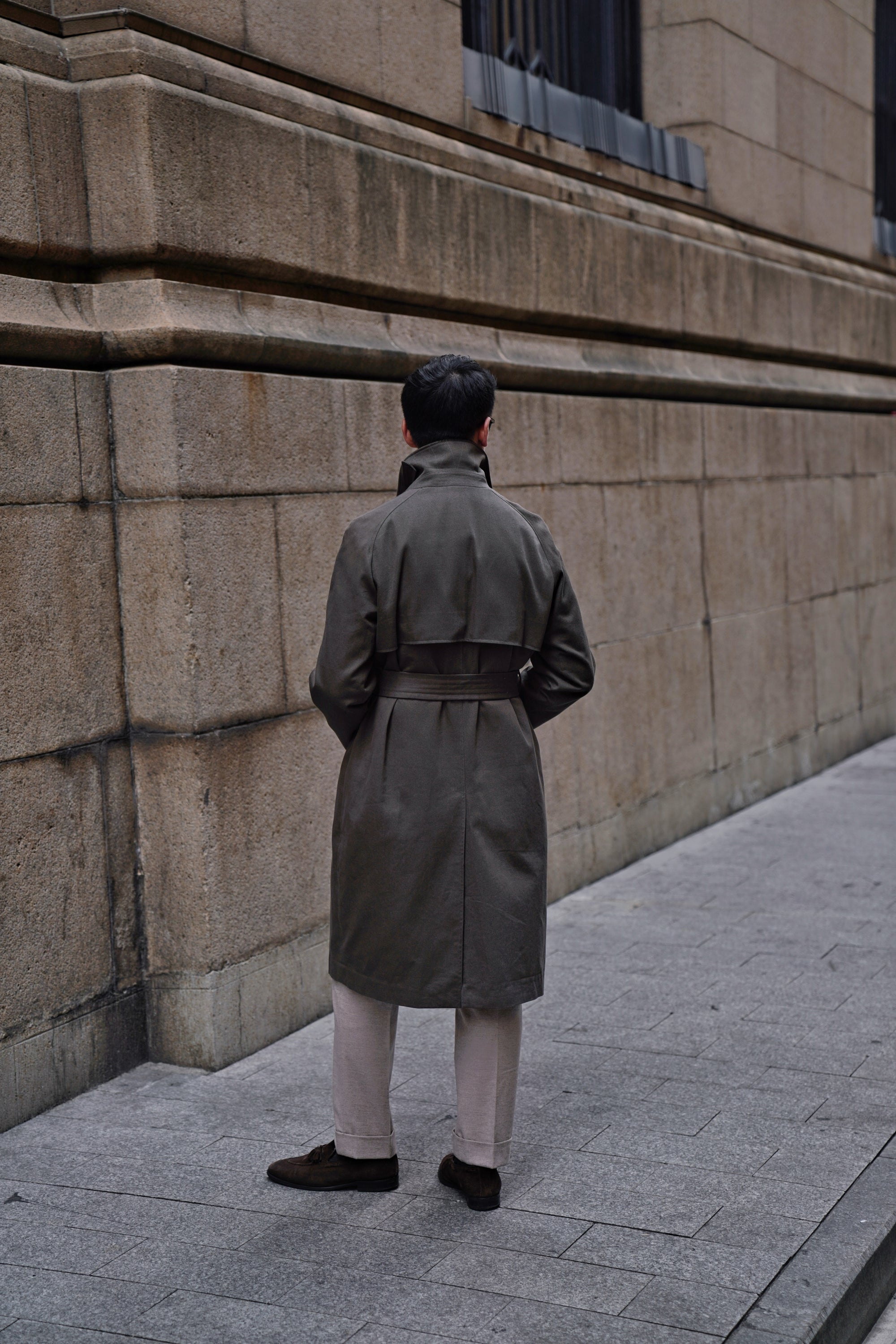 Olive Cotton Whipcord Balmacaan Raincoat #236