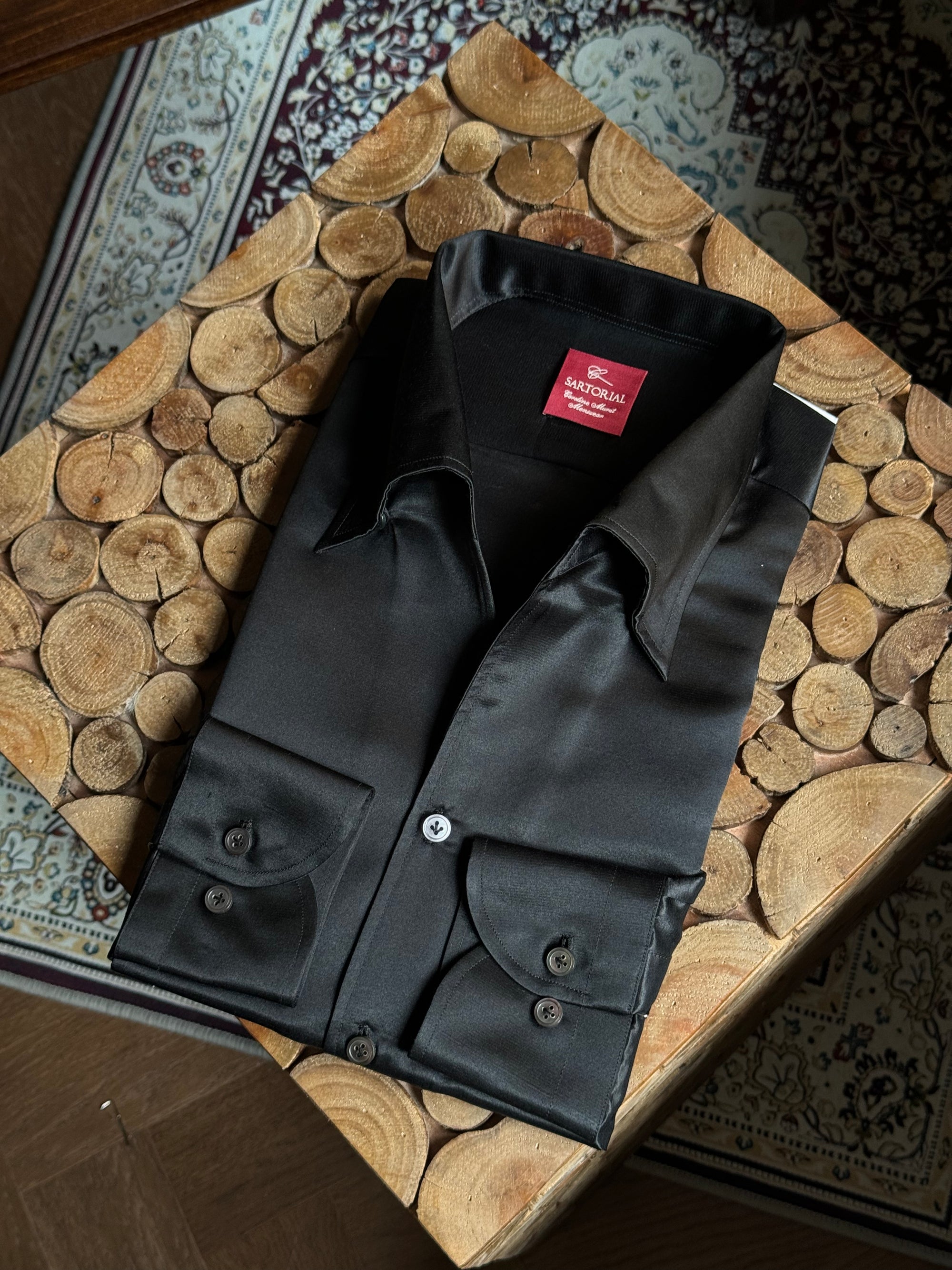 MTO Hand-stitched Black One Piece Collar Silk Shirt