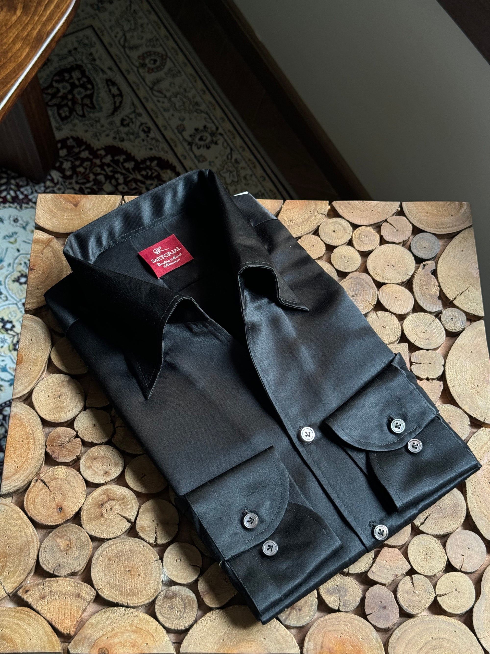 MTO Hand-stitched Black One Piece Collar Silk Shirt