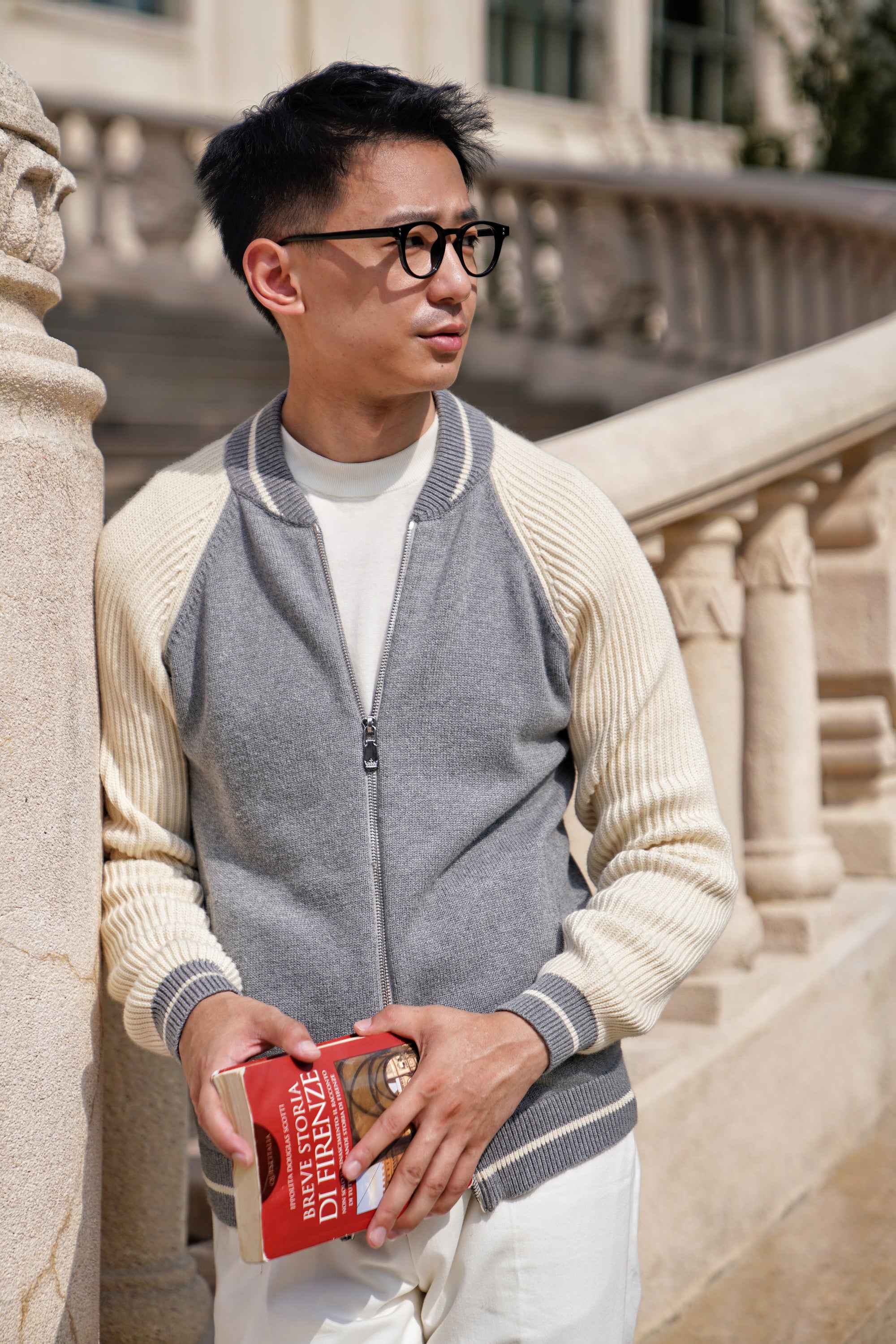 Elegant Grey Knitted Bomber Jacket
