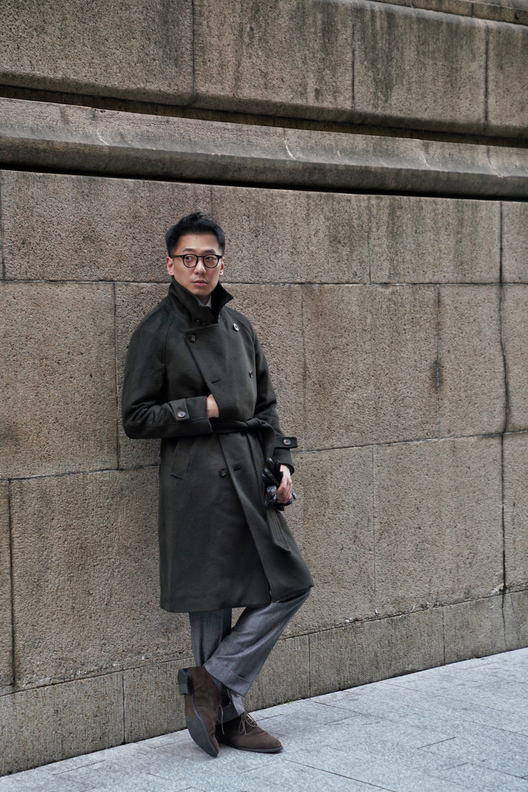 Dark Olive Wool Balmacaan Coat #155