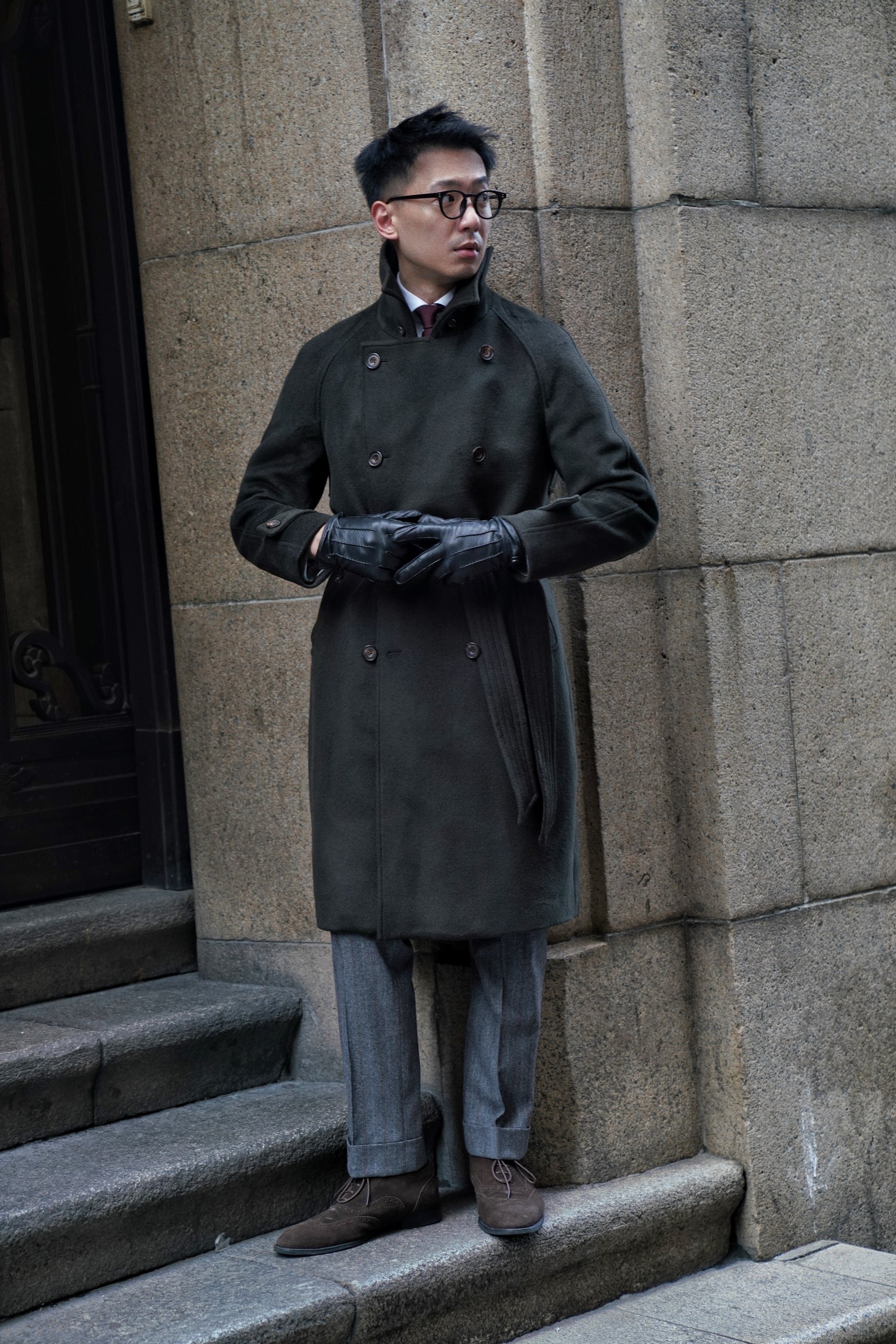 Dark Olive Wool Balmacaan Coat #155