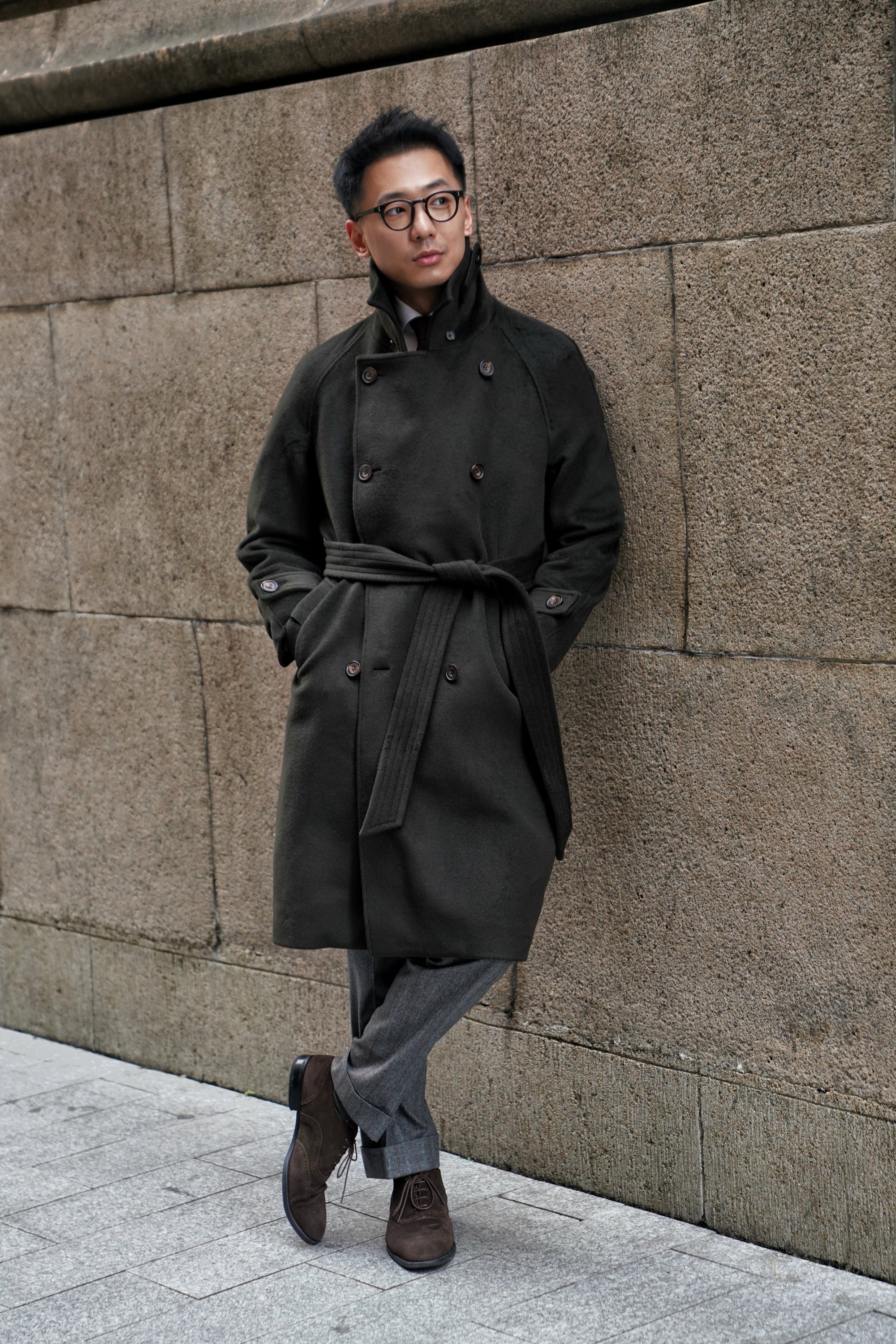 Dark Olive Wool Balmacaan Coat #155