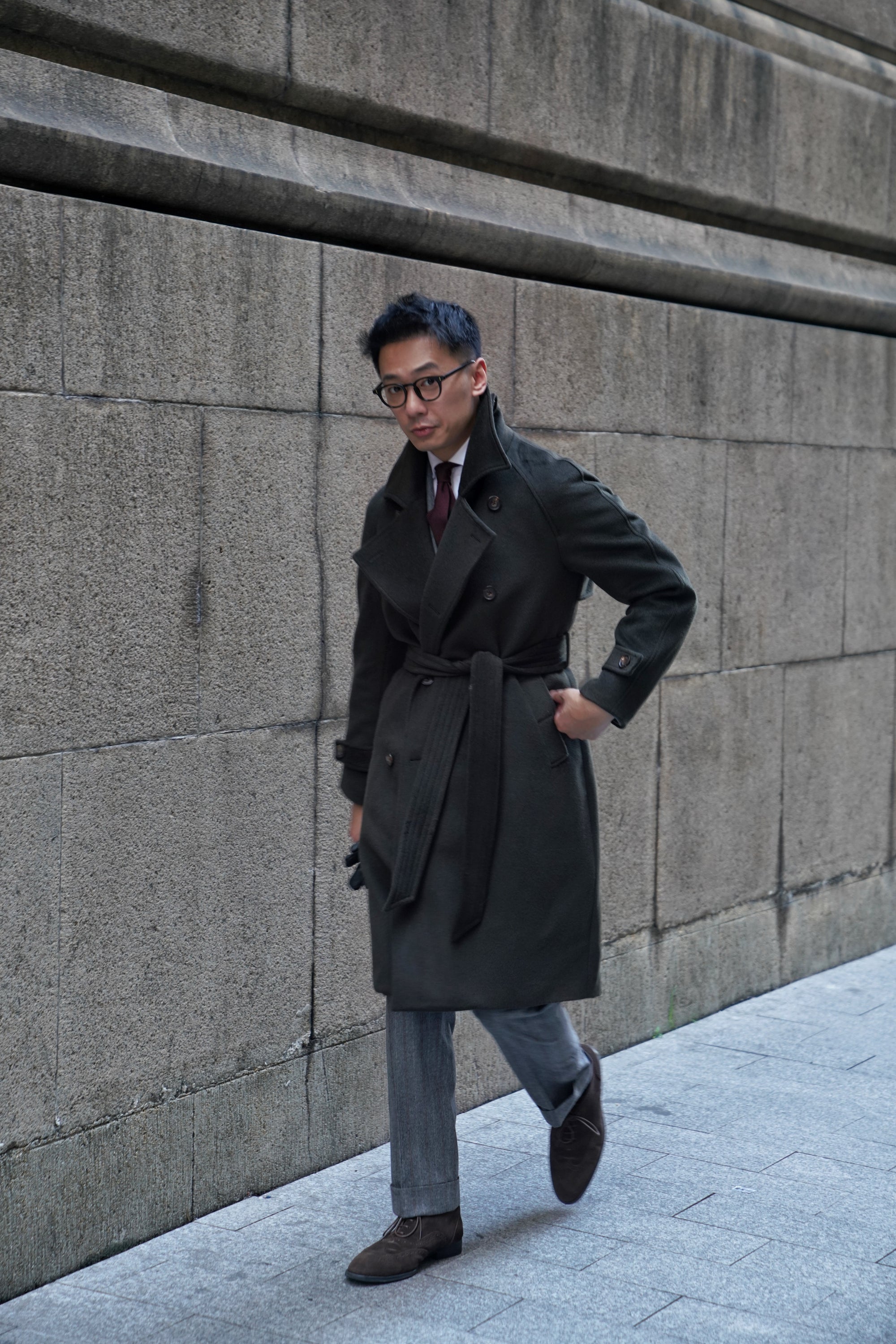 Dark Olive Wool Balmacaan Coat #155