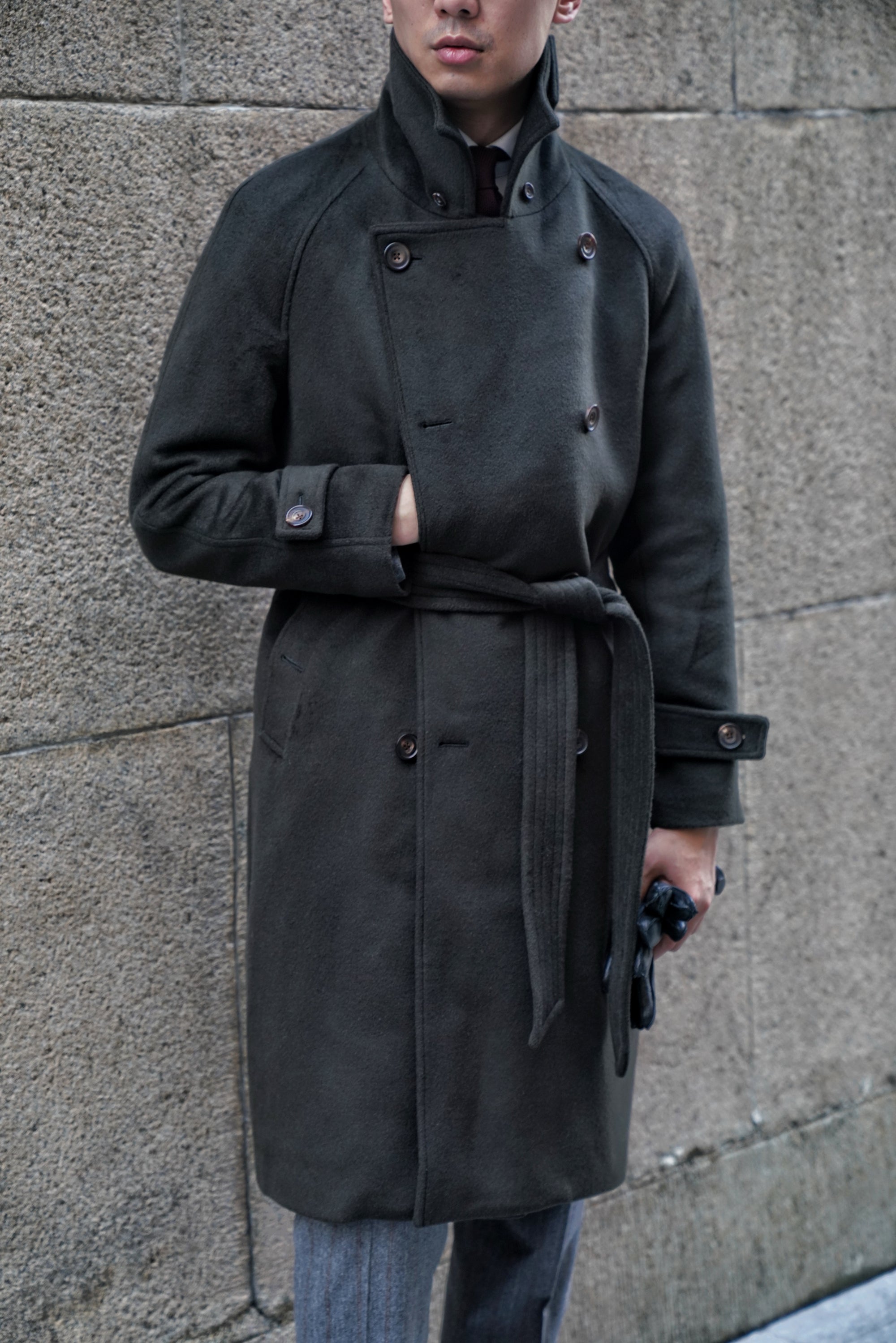 Dark Olive Wool Balmacaan Coat #155