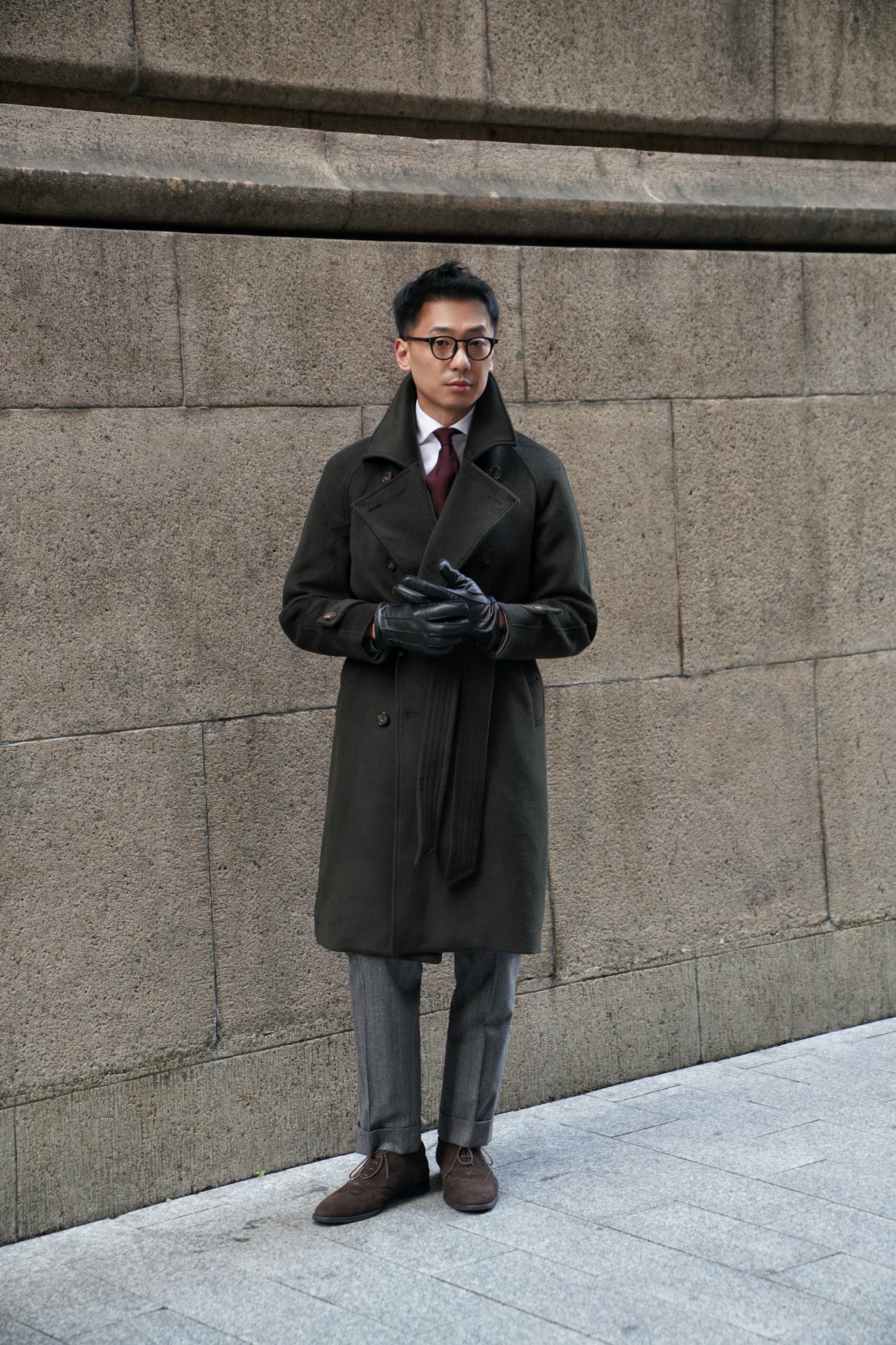 Dark Olive Wool Balmacaan Coat #155