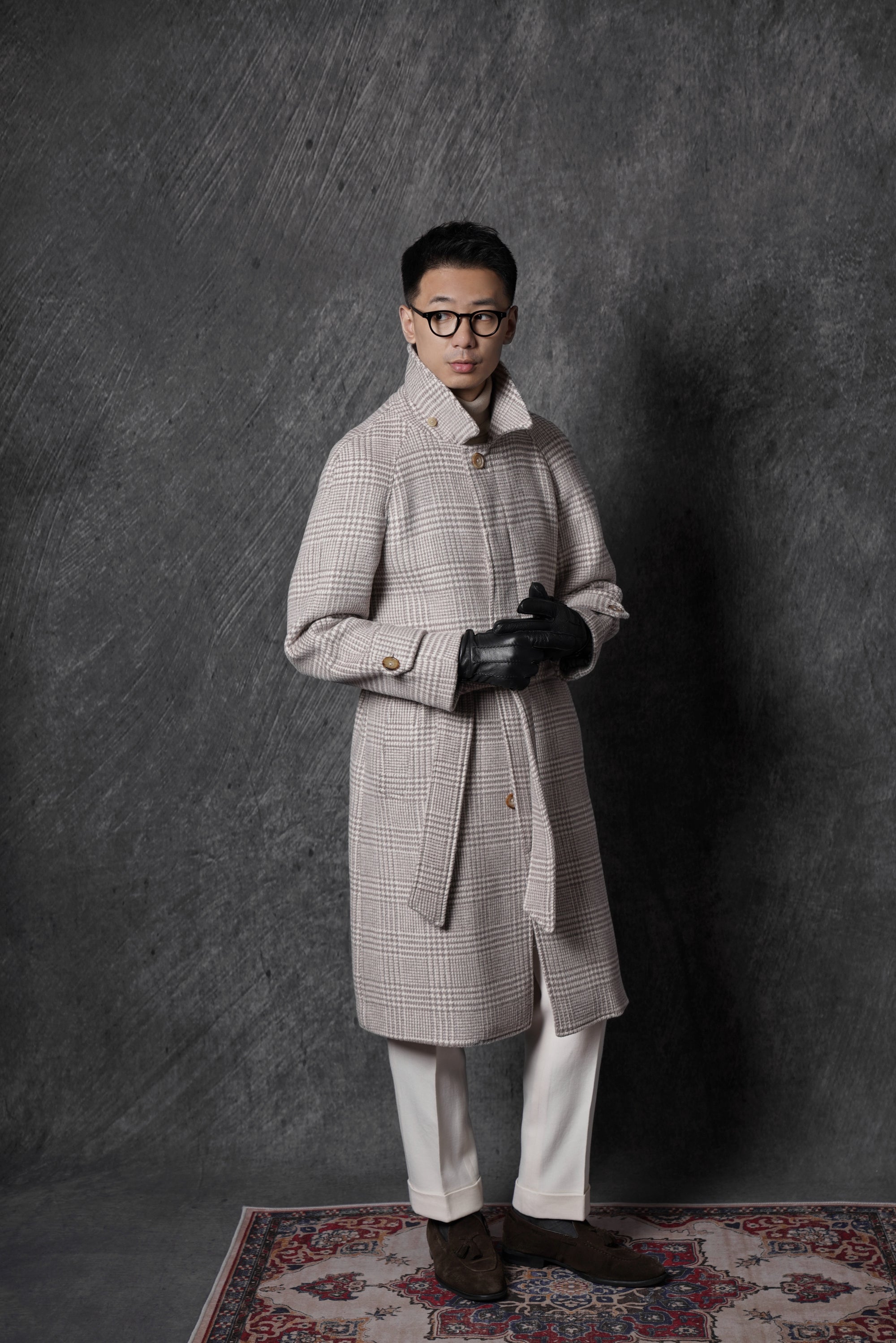 Cream Glen Check Wool Rabbit Fur Balmacaan Coat #179