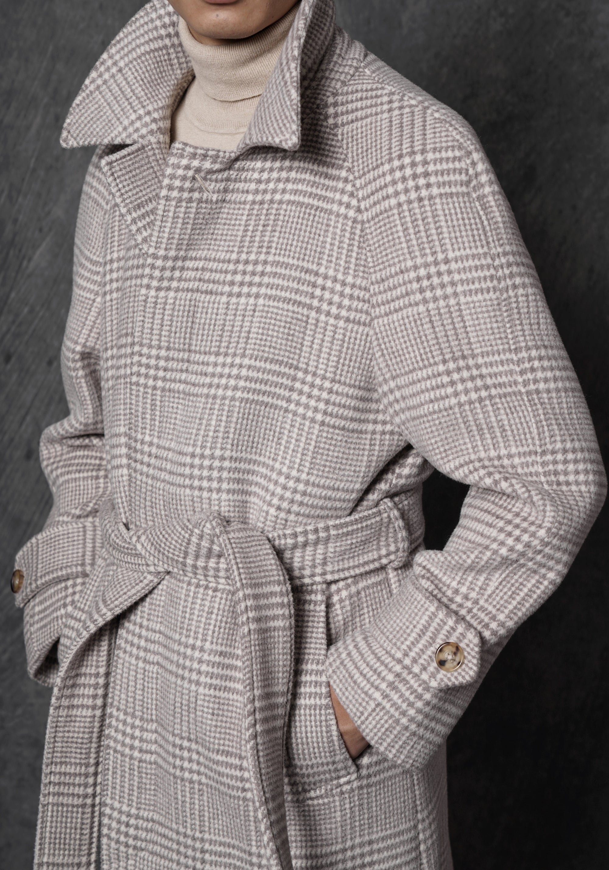 Cream Glen Check Wool Rabbit Fur Balmacaan Coat #179