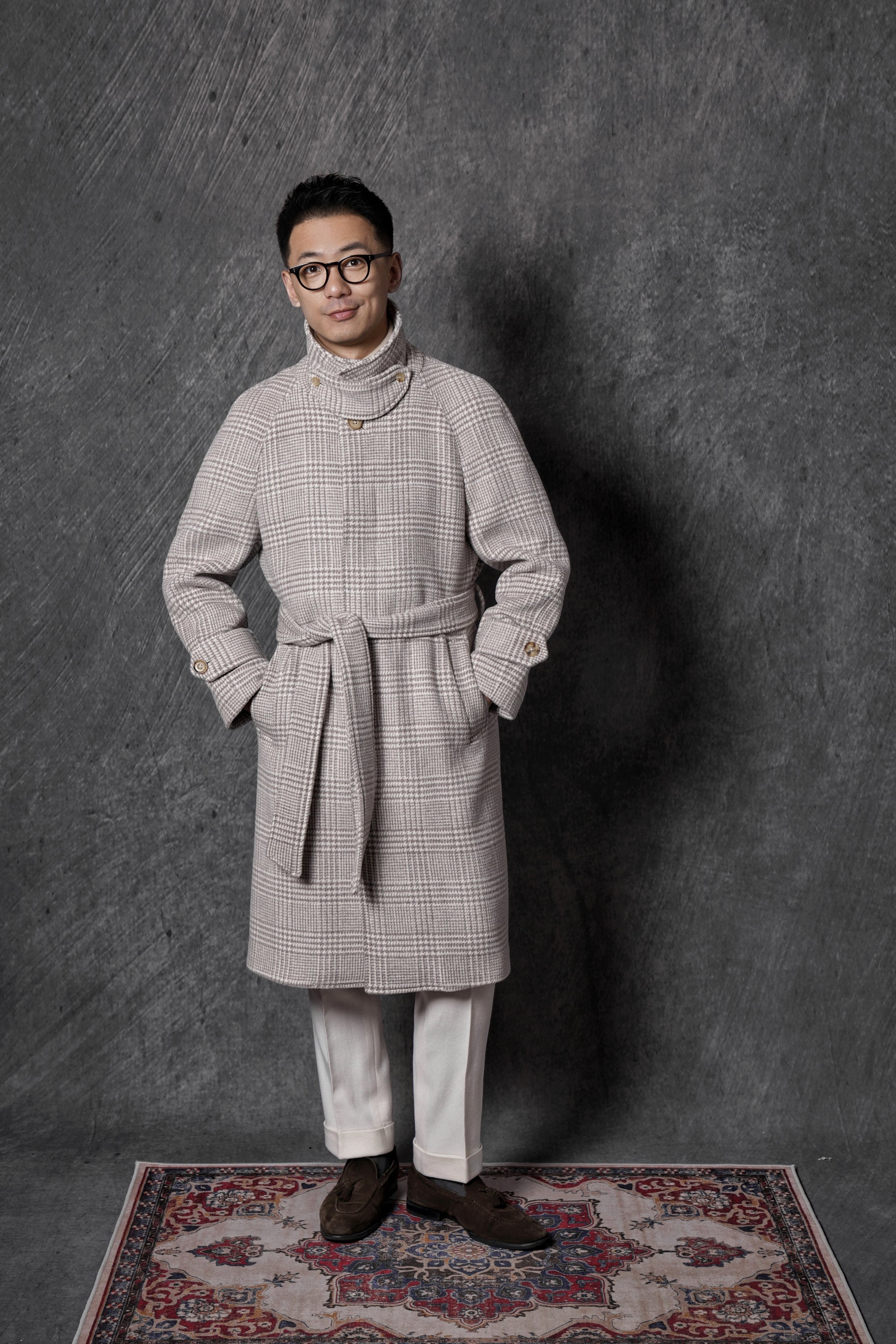 Cream Glen Check Wool Rabbit Fur Balmacaan Coat #179