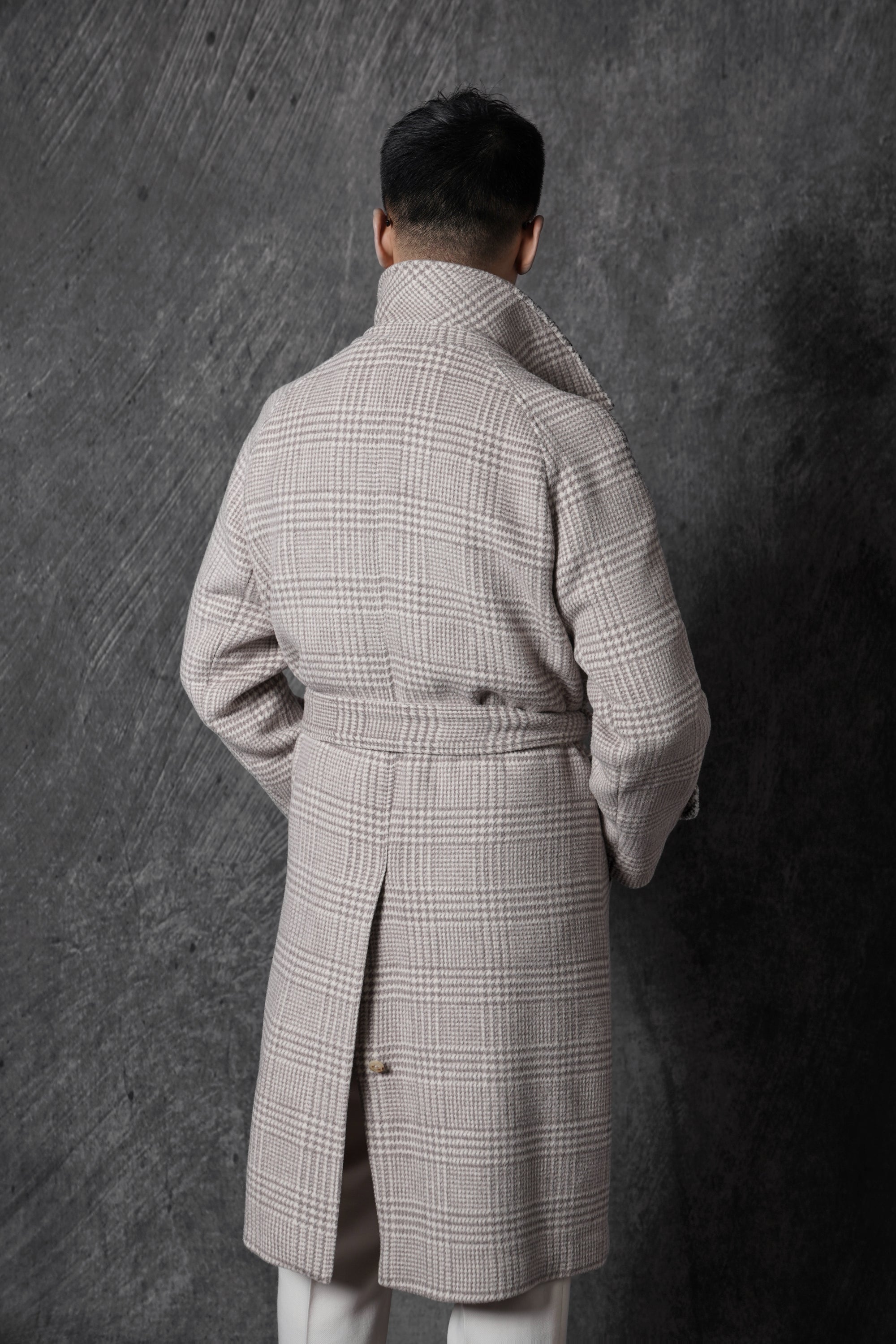 Cream Glen Check Wool Rabbit Fur Balmacaan Coat #179