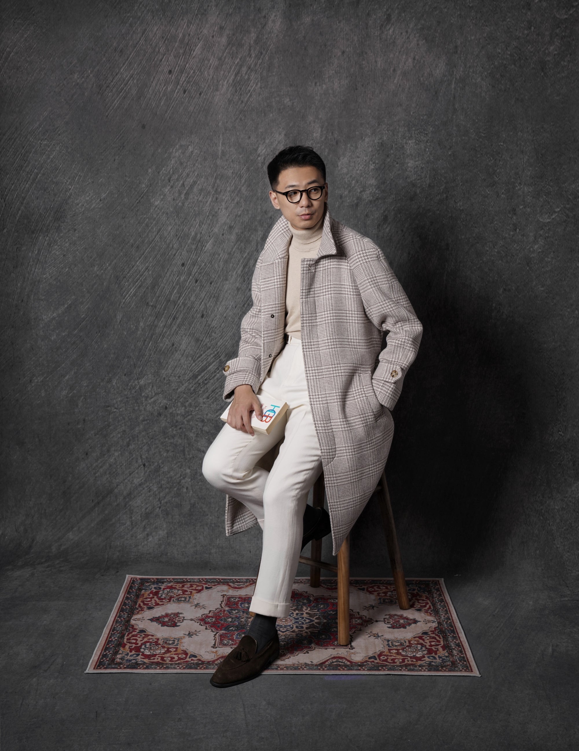 Cream Glen Check Wool Rabbit Fur Balmacaan Coat #179
