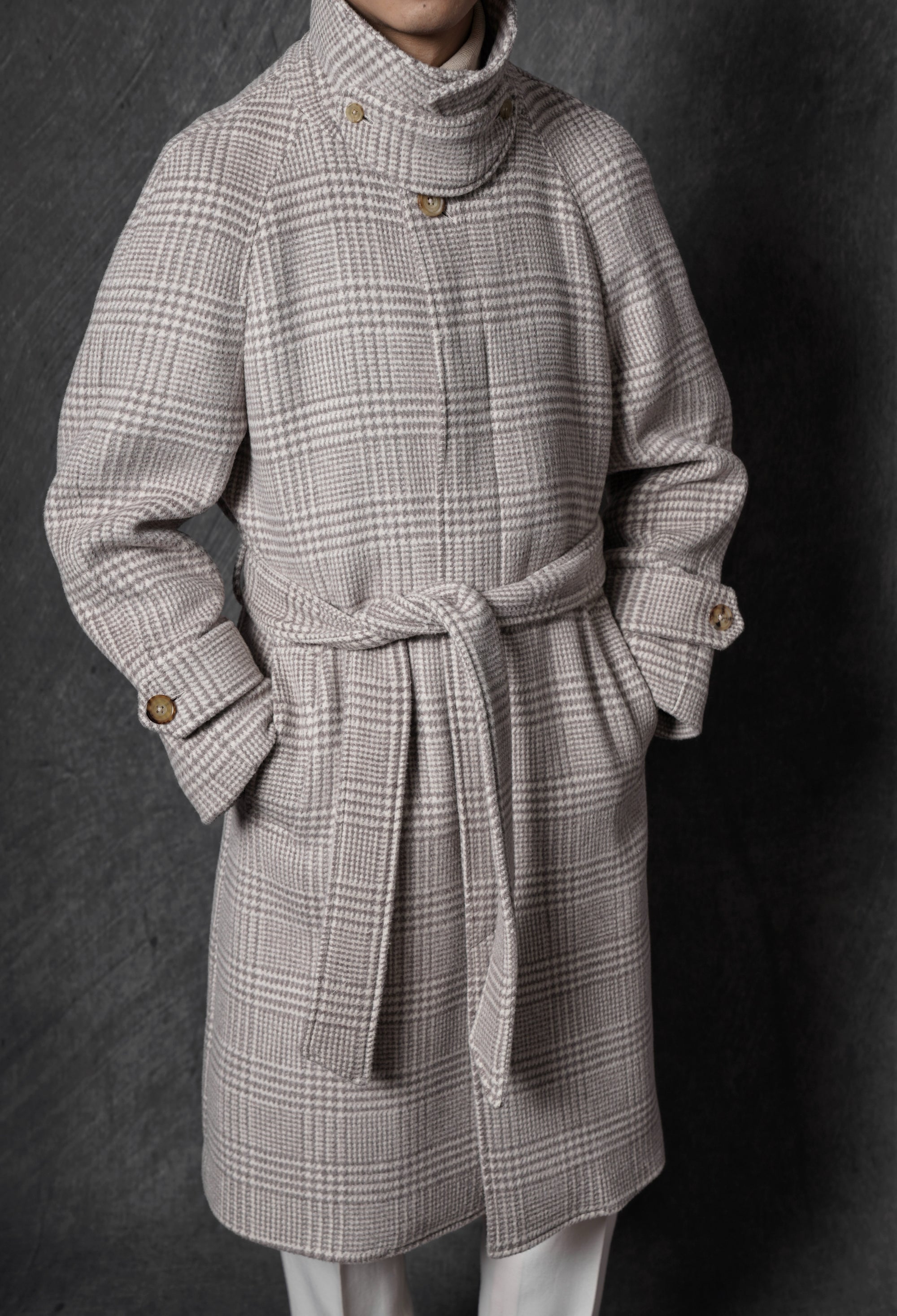 Cream Glen Check Wool Rabbit Fur Balmacaan Coat #179