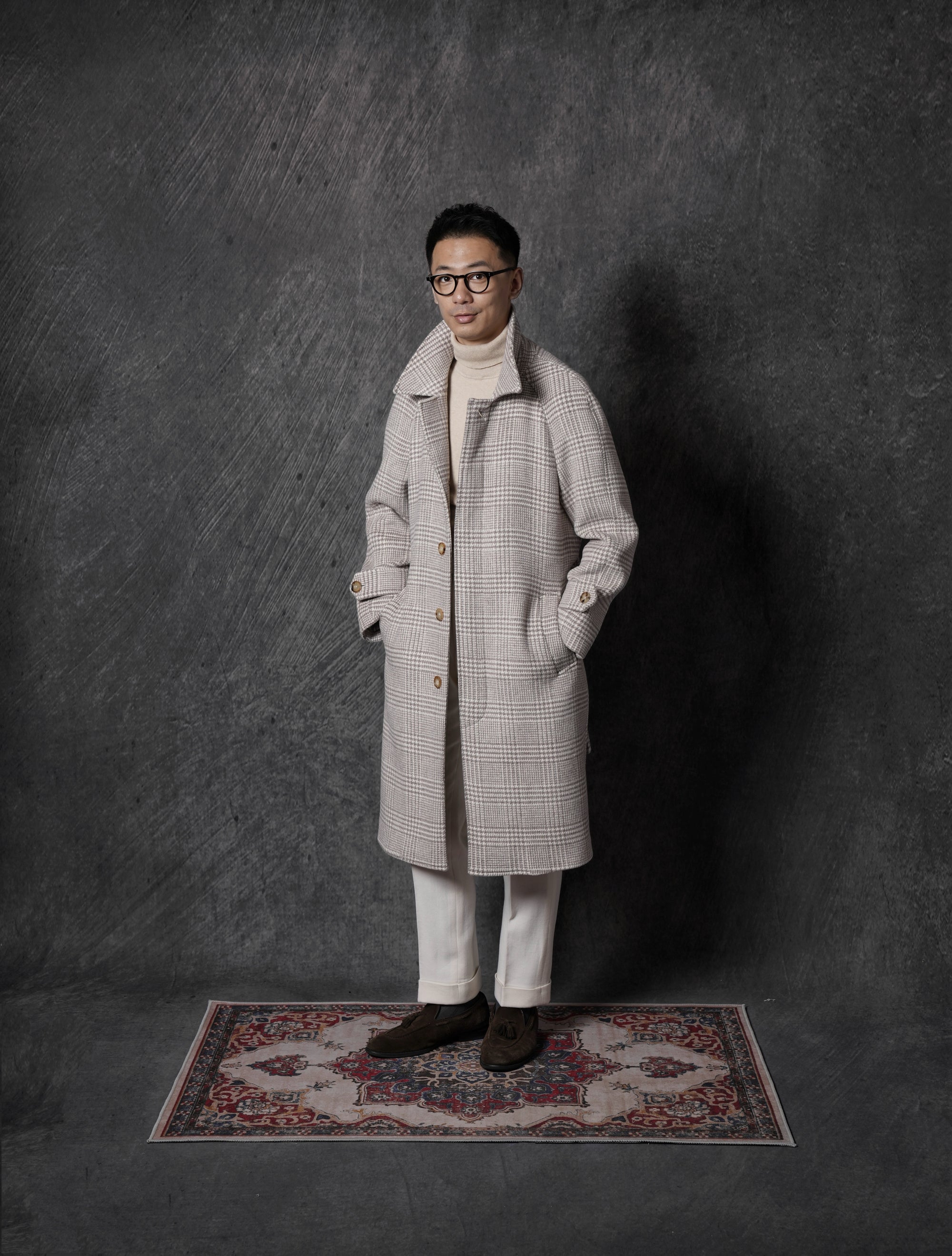 Cream Glen Check Wool Rabbit Fur Balmacaan Coat #179
