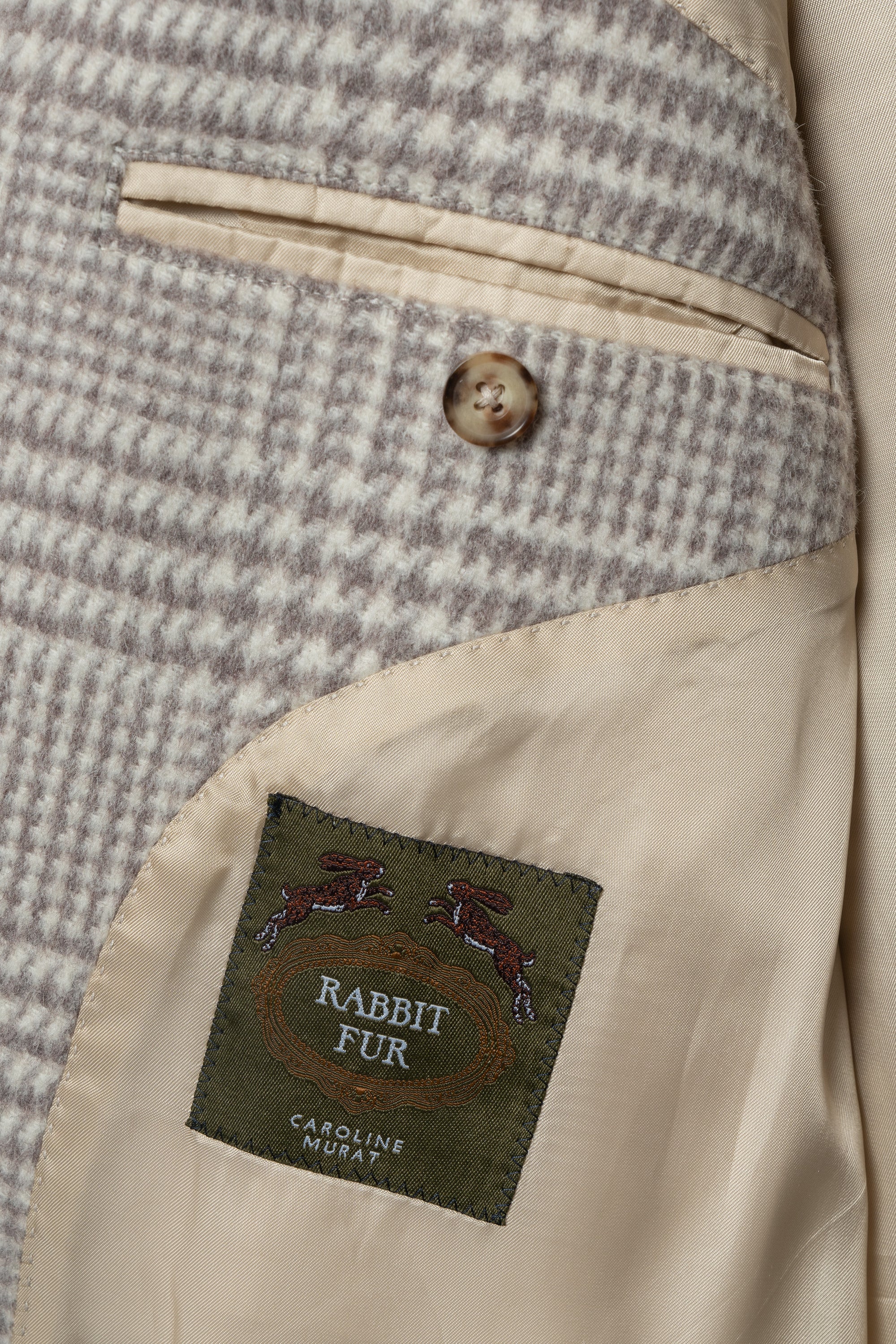 Cream Glen Check Wool Rabbit Fur Balmacaan Coat #179