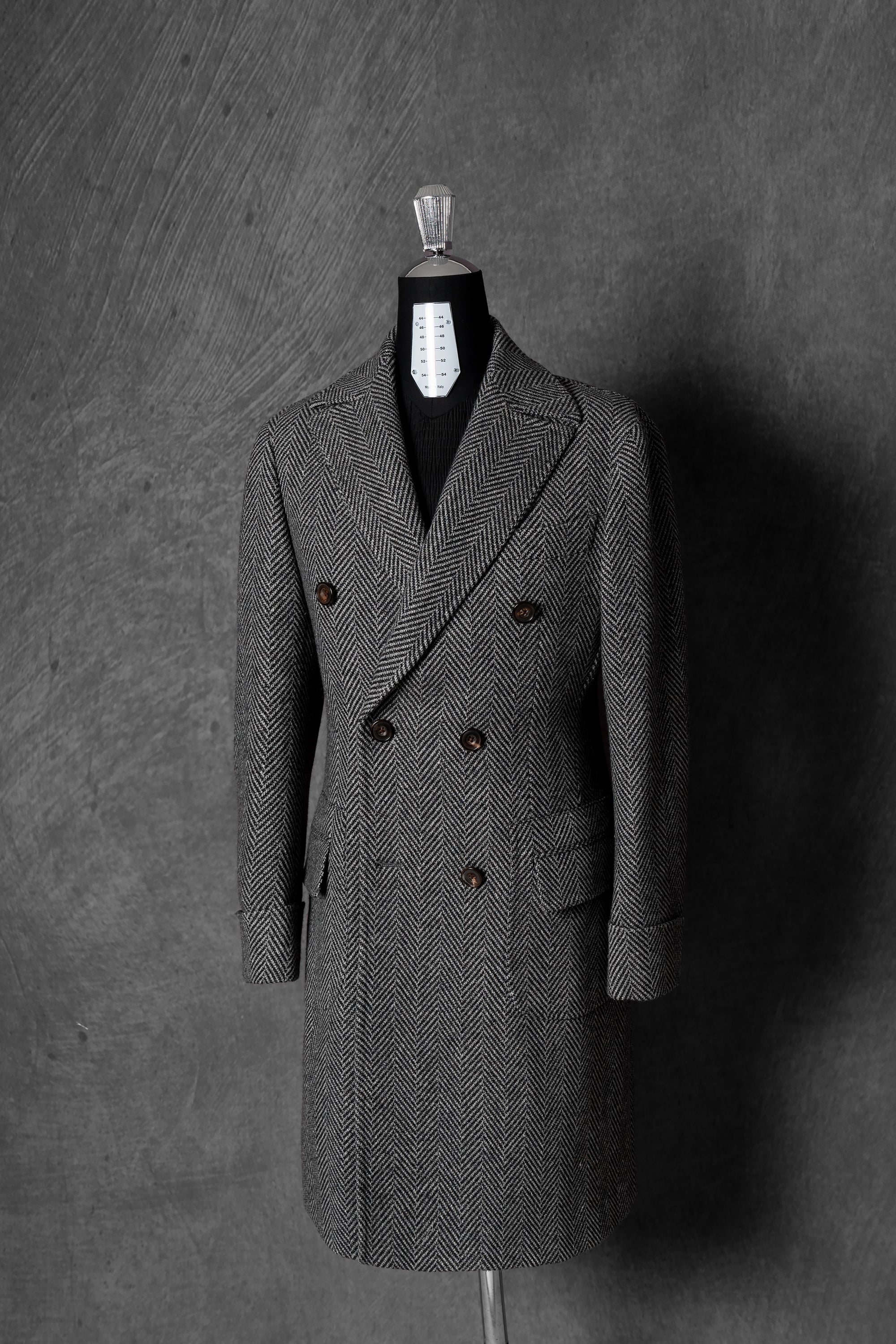 MTO Grey Herringbone Wool Silk Ulster Polo Coat