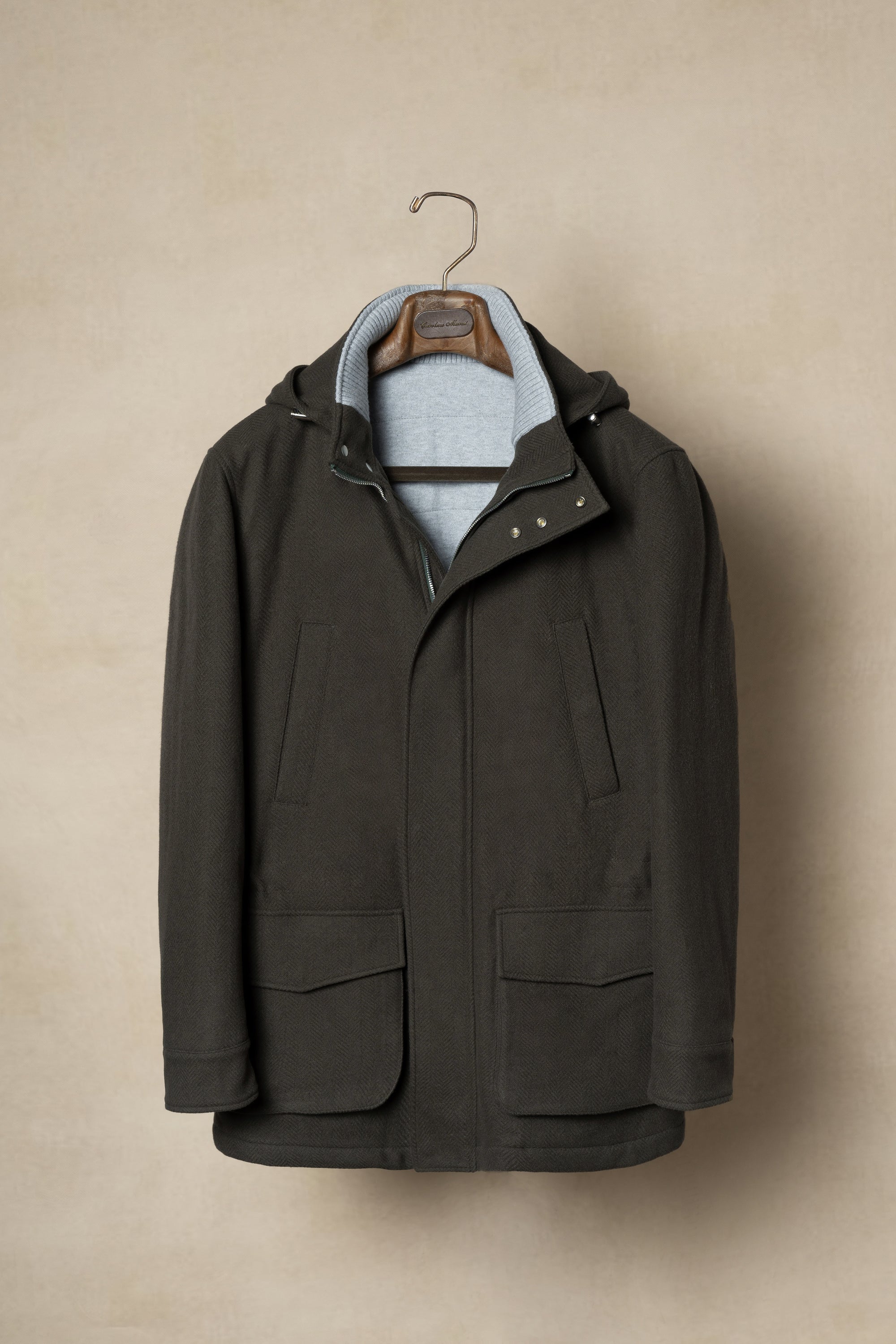 Olive Herringbone Wool Cashmere N3B Parka