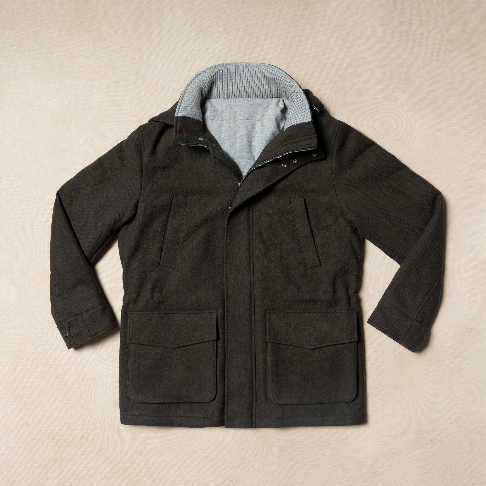Olive Herringbone Wool Cashmere N3B Parka