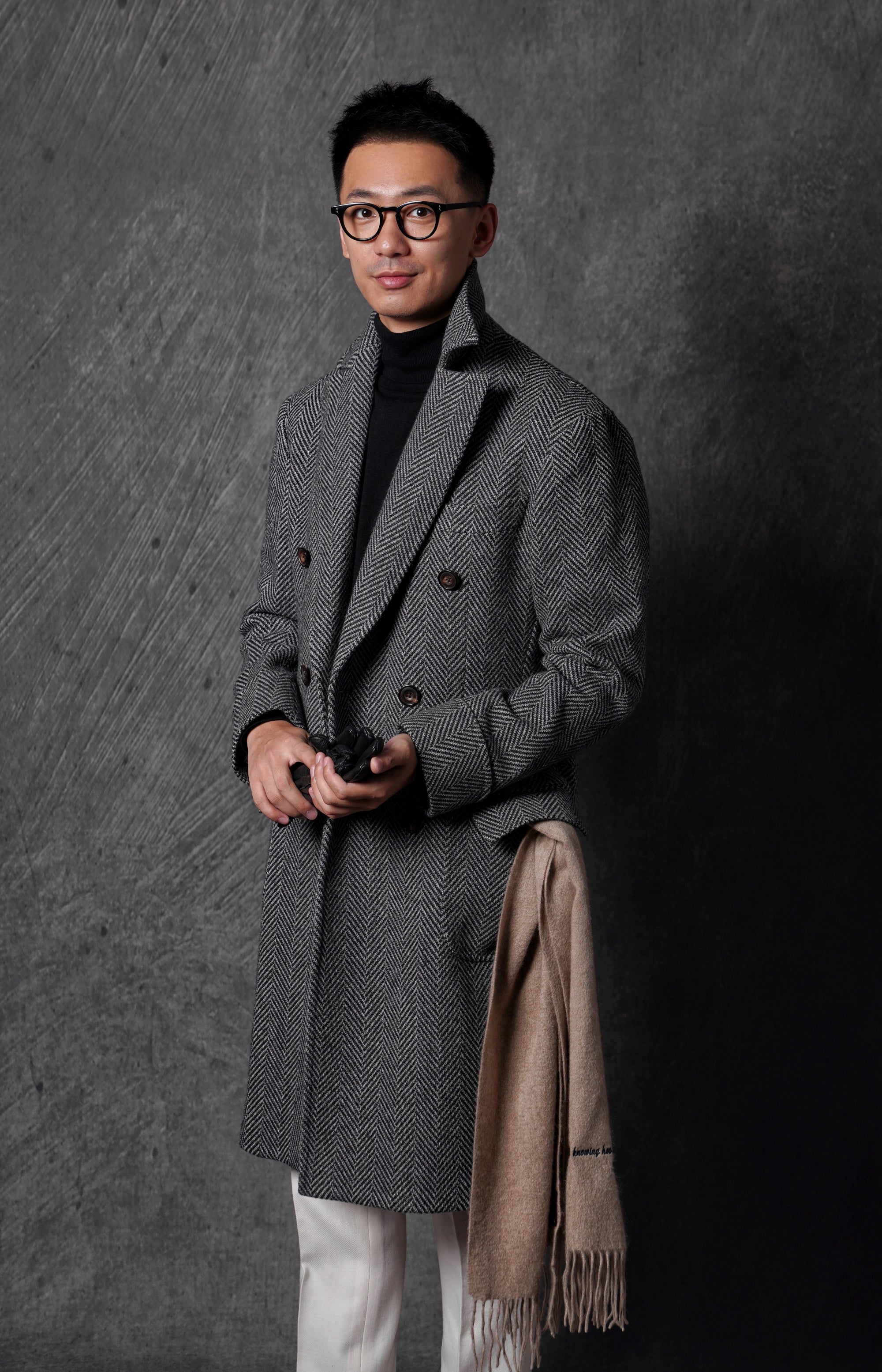 MTO Grey Herringbone Wool Silk Ulster Polo Coat