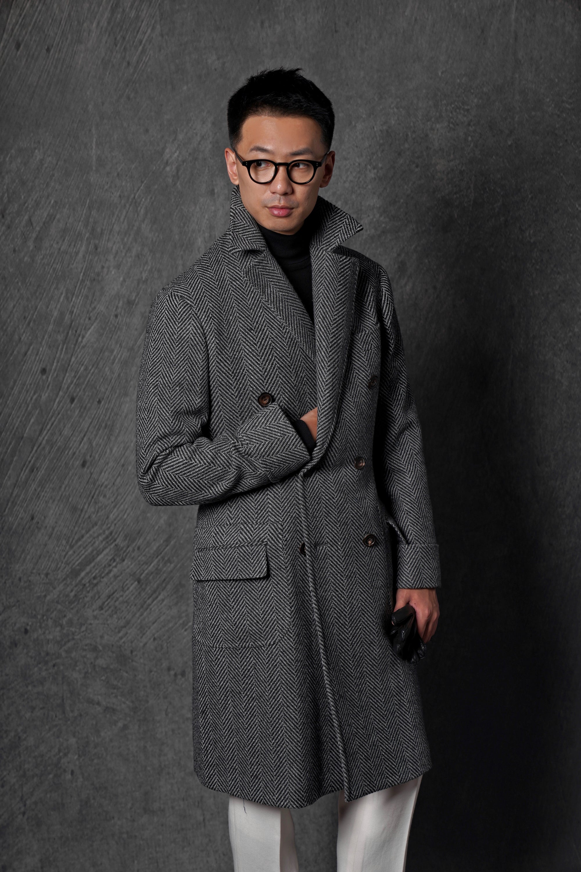 MTO Grey Herringbone Wool Silk Ulster Polo Coat