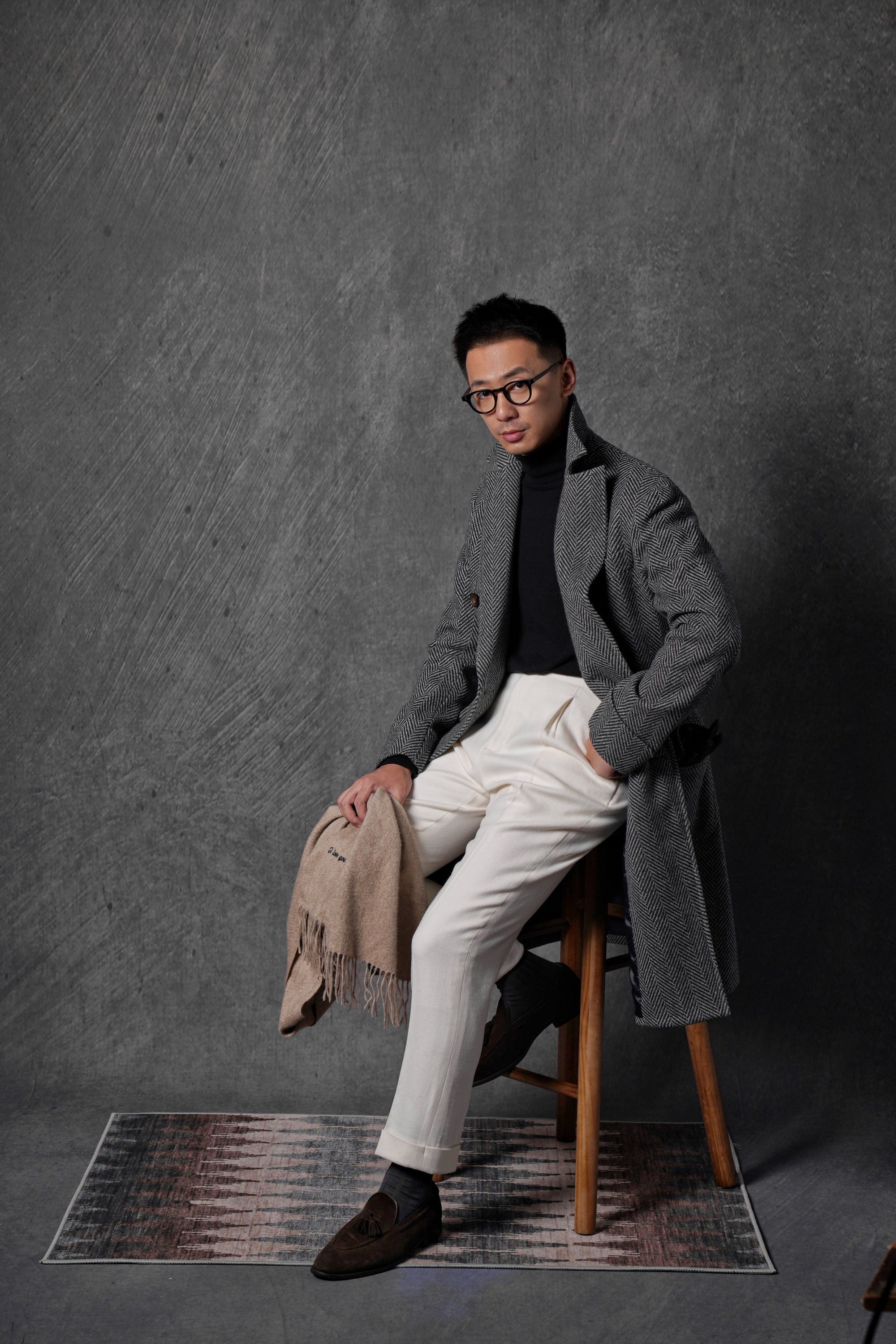 MTO Grey Herringbone Wool Silk Ulster Polo Coat