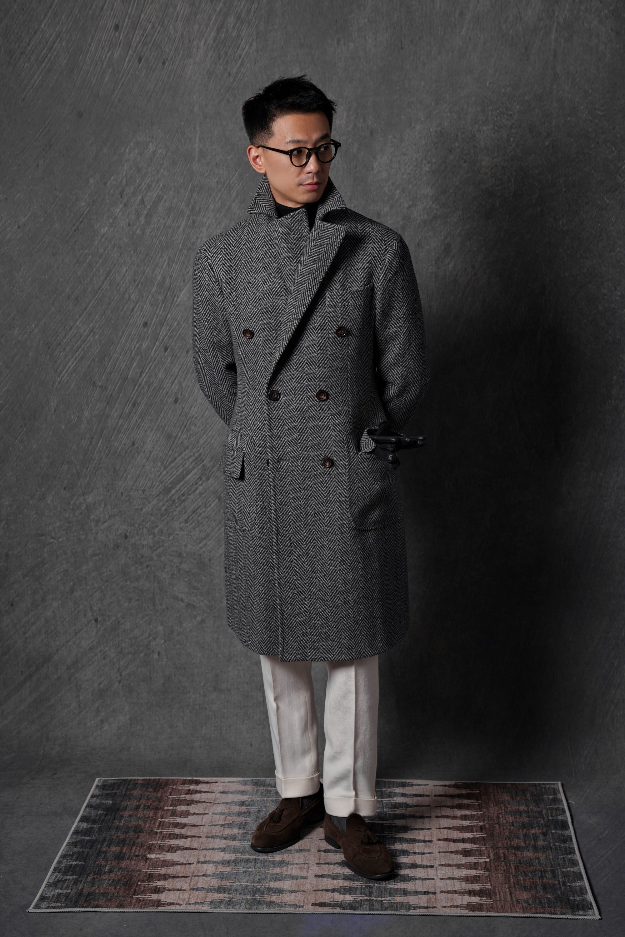 MTO Grey Herringbone Wool Silk Ulster Polo Coat