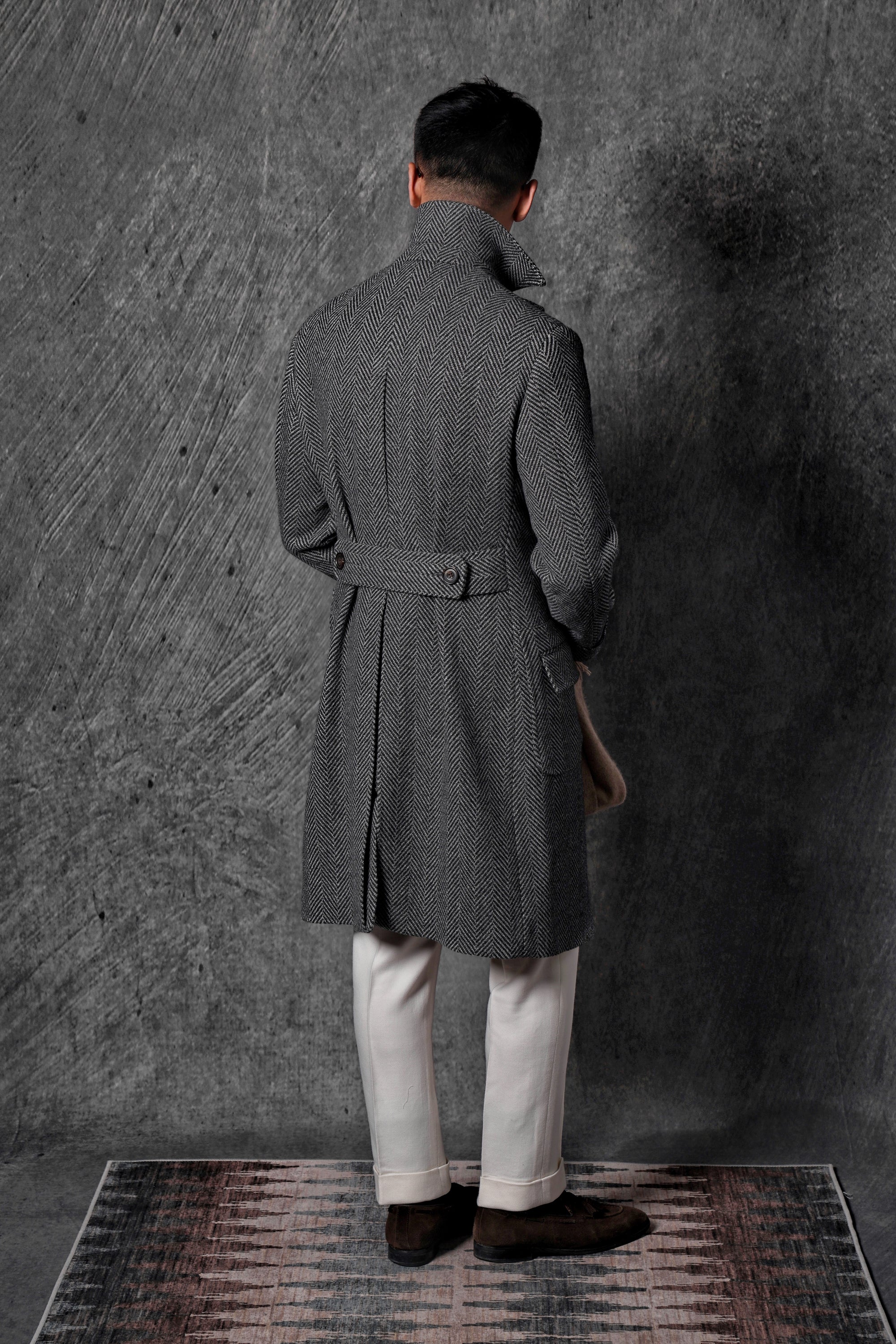 MTO Grey Herringbone Wool Silk Ulster Polo Coat