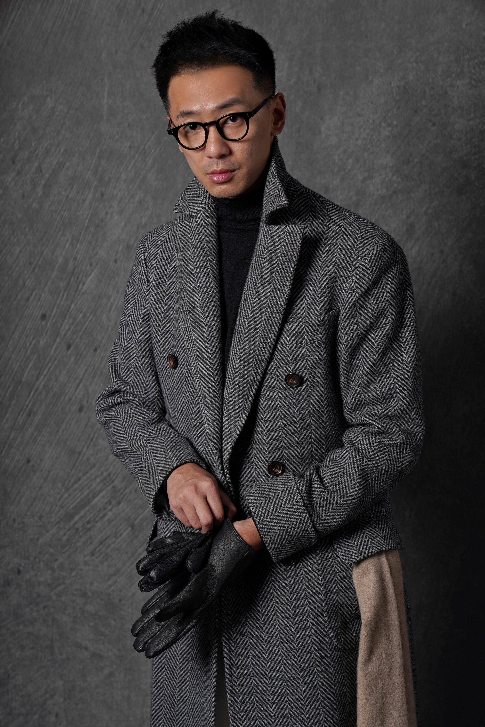 MTO Grey Herringbone Wool Silk Ulster Polo Coat