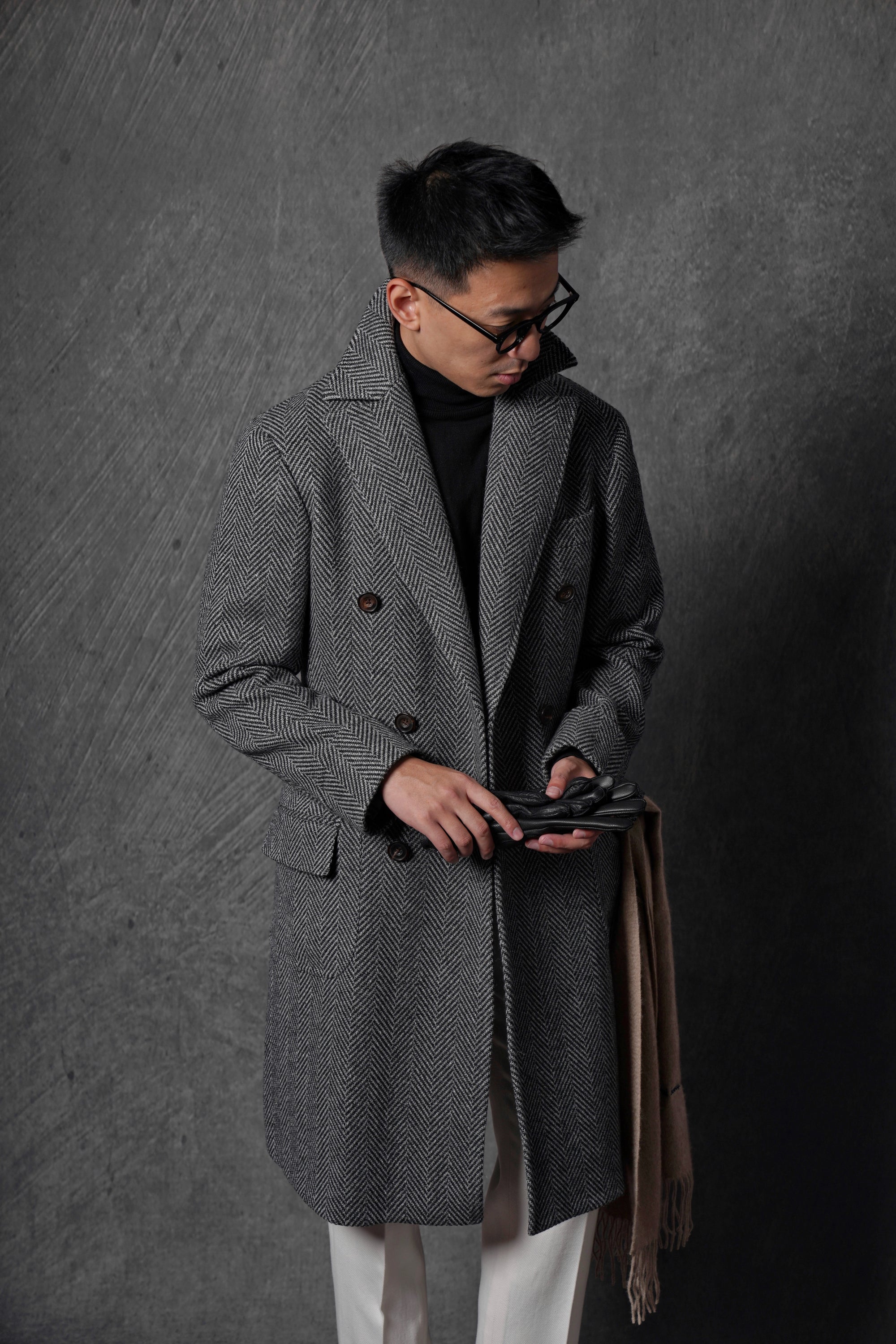 MTO Grey Herringbone Wool Silk Ulster Polo Coat